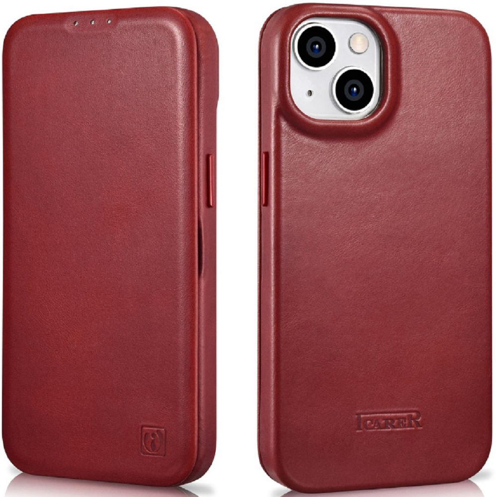 iCarer Curved Edge Oil Wax Leather Folio - Δερμάτινη MagSafe Flip Θήκη-Πορτοφόλι - Apple iPhone 14 Plus - Red