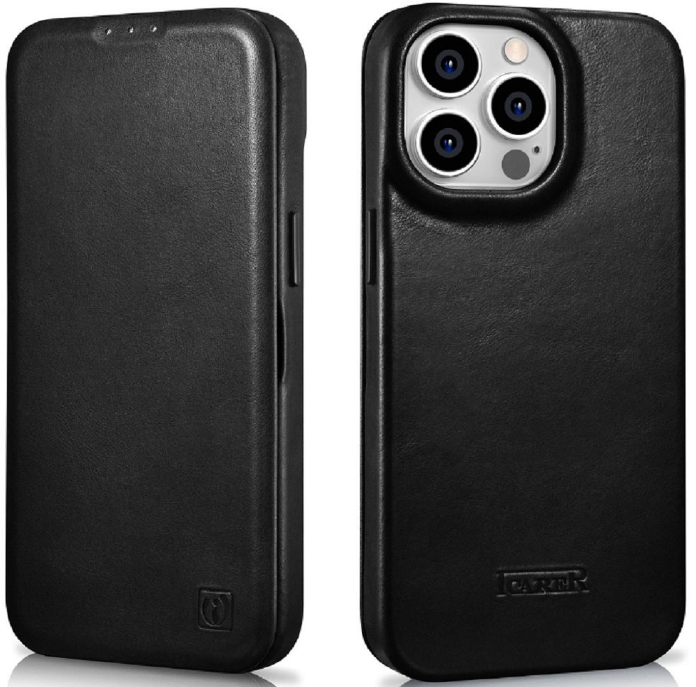 iCarer Curved Edge Oil Wax Leather Folio - Δερμάτινη MagSafe Flip Θήκη-Πορτοφόλι - Apple iPhone 14 Pro - Black