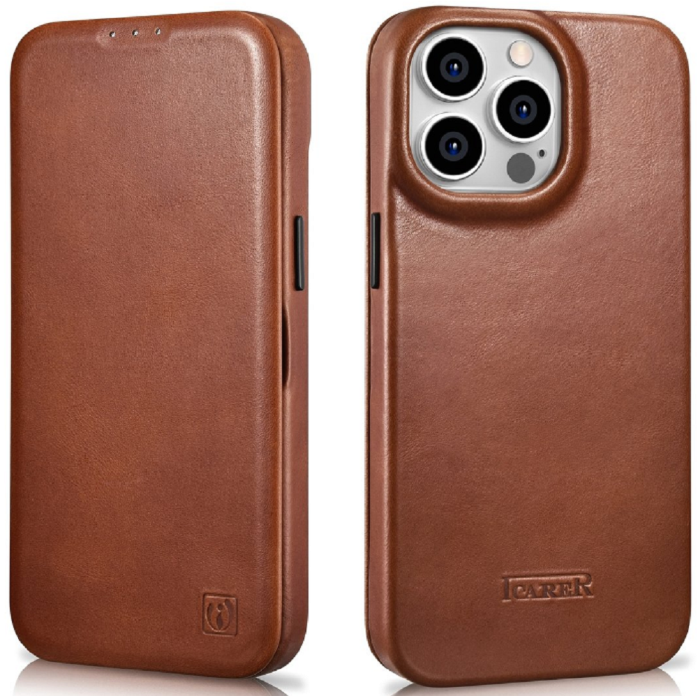 iCarer Curved Edge Oil Wax Leather Folio - Δερμάτινη MagSafe Flip Θήκη-Πορτοφόλι - Apple iPhone 14 Pro - Brown 