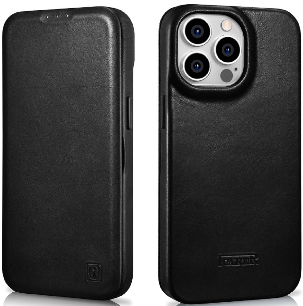 iCarer Curved Edge Oil Wax Leather Folio - Δερμάτινη MagSafe Flip Θήκη-Πορτοφόλι - Apple iPhone 14 Pro Max - Black