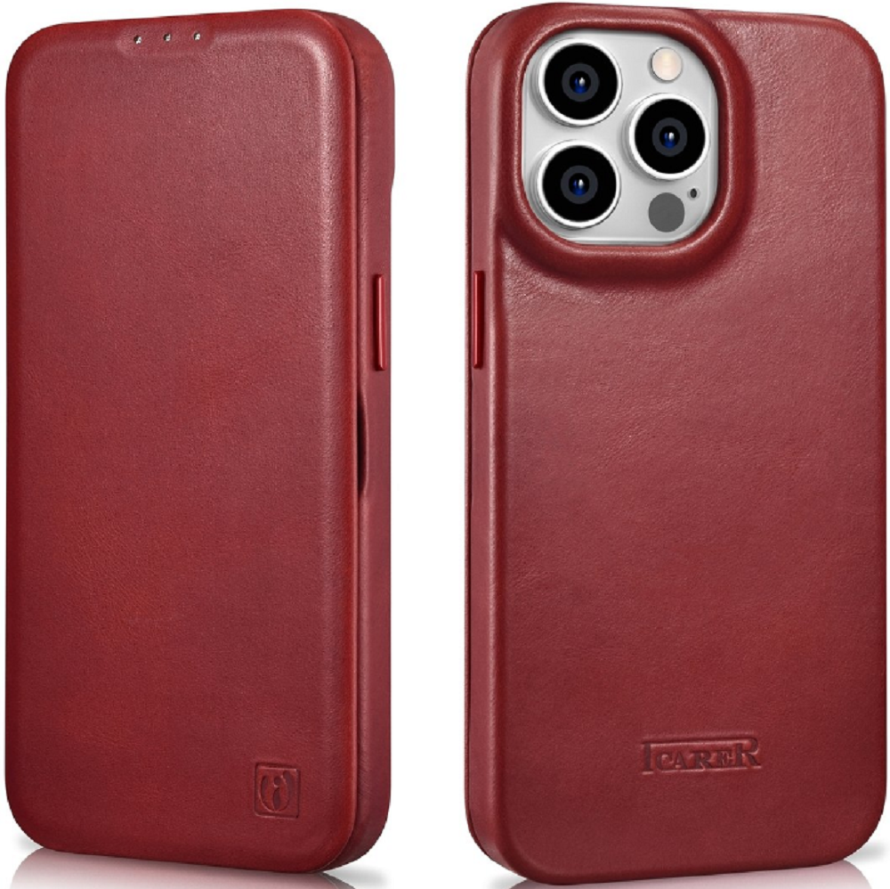iCarer Curved Edge Oil Wax Leather Folio - Δερμάτινη MagSafe Flip Θήκη-Πορτοφόλι - Apple iPhone 14 Pro - Red