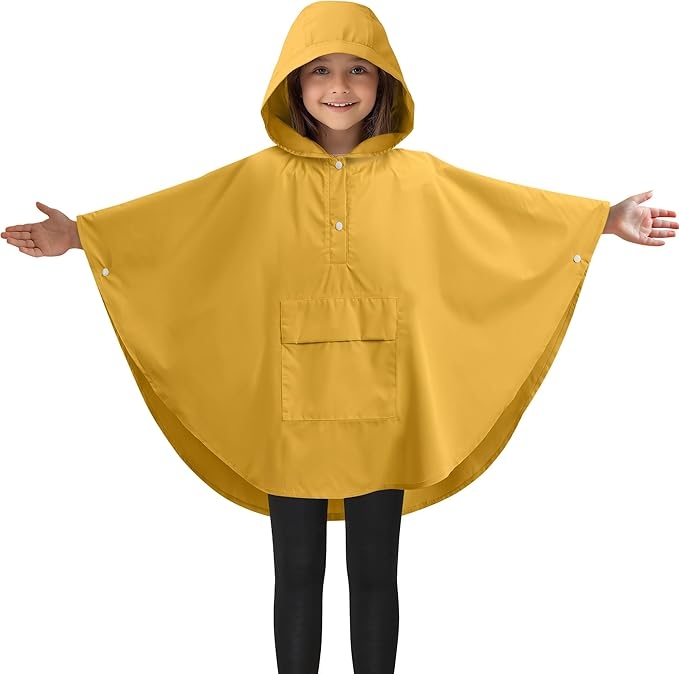 Jemidi Rain Poncho - Unisex Αδιάβροχο Πόντσο με Κουκούλα & Θήκη Μεταφοράς για Παιδιά 6 έως 10 ετών - Medium - Yellow