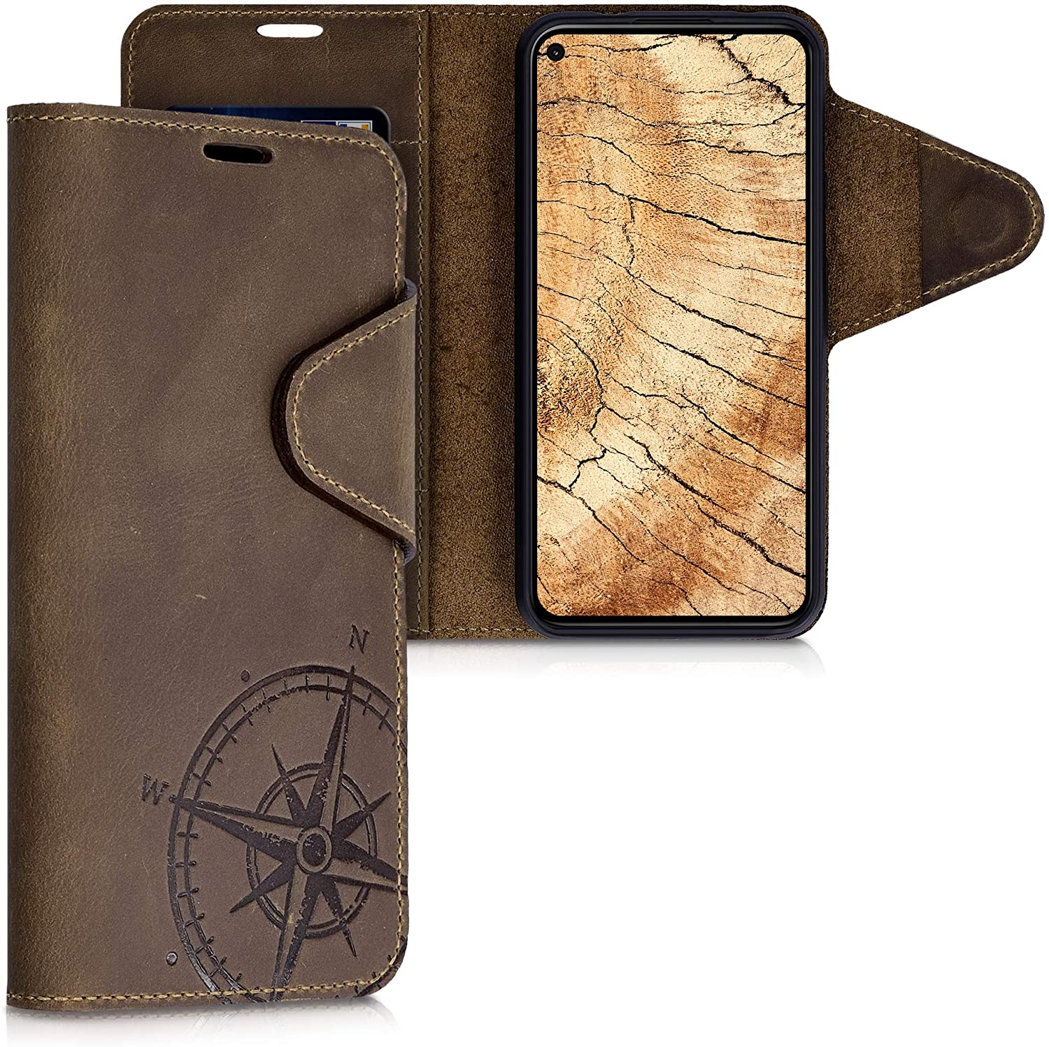 Kalibri Δερμάτινη Suede Θήκη Πορτοφόλι Google Pixel 5 - Navigational Compass / Brown