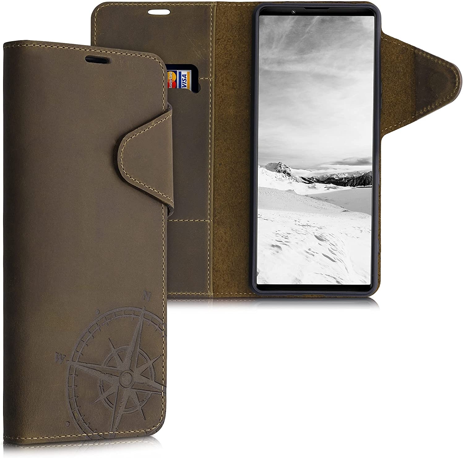 Kalibri Δερμάτινη Suede Θήκη Πορτοφόλι Sony Xperia 1 III - Navigational Compass / Brown