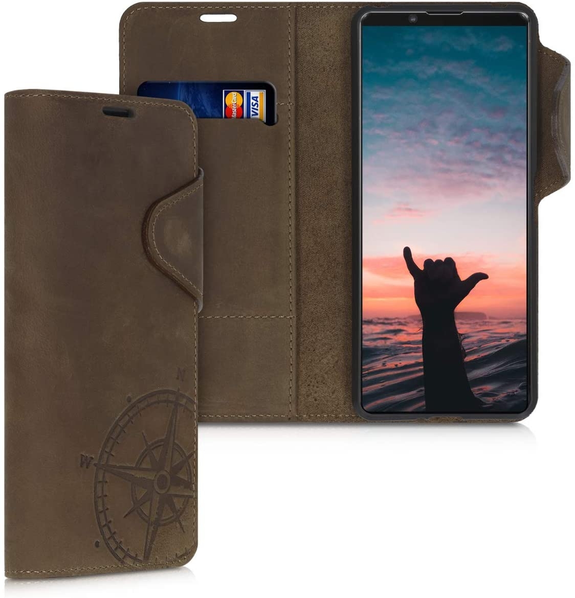 Kalibri Δερμάτινη Suede Θήκη Πορτοφόλι Sony Xperia 10 II - Navigational Compass / Brown