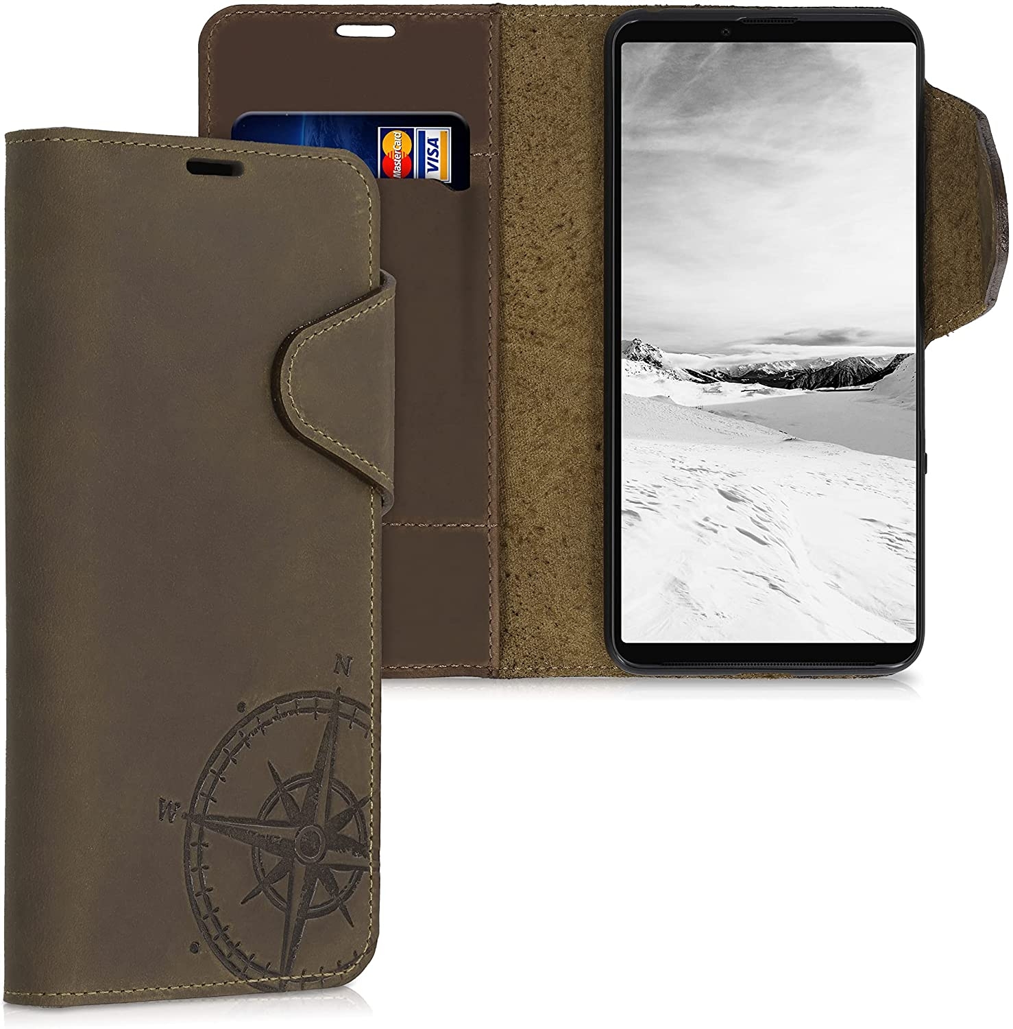 Kalibri Δερμάτινη Suede Θήκη Πορτοφόλι Sony Xperia 10 III - Navigational Compass / Brown