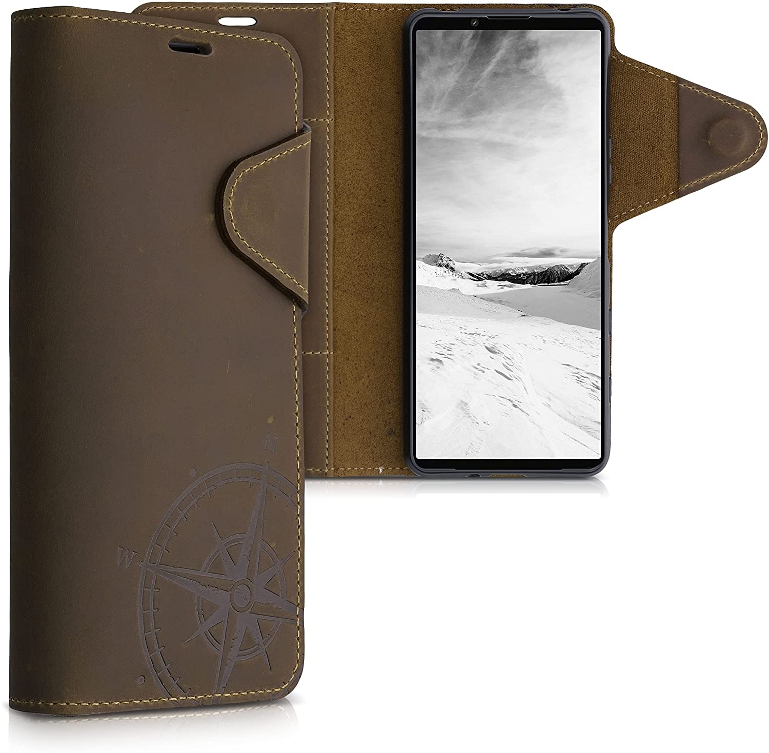 Kalibri Δερμάτινη Suede Θήκη Πορτοφόλι Sony Xperia 5 III - Navigational Compass / Brown