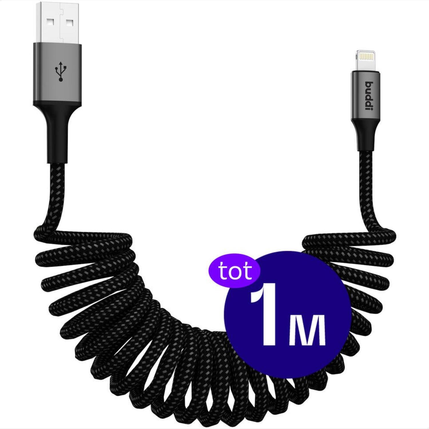 Καλώδιο Buddi Flex Ελαστικό Σπιράλ Φόρτισης και Μεταφοράς Δεδομένων USB-A σε Lightning 100cm 12W 5 Έτη Εγγύηση Black