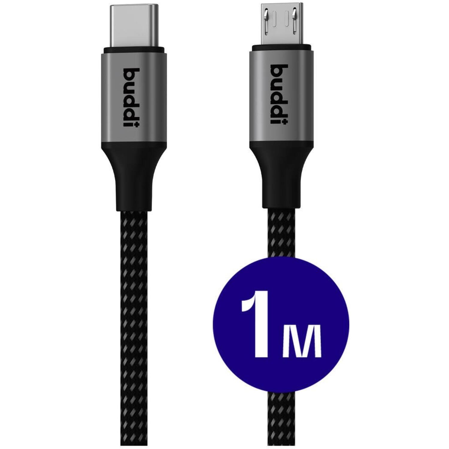 Καλώδιο Buddi Flex Φόρτισης και Μεταφοράς Δεδομένων Type-C σε MicroUSB 100cm 12W 5 Έτη Εγγύηση Black