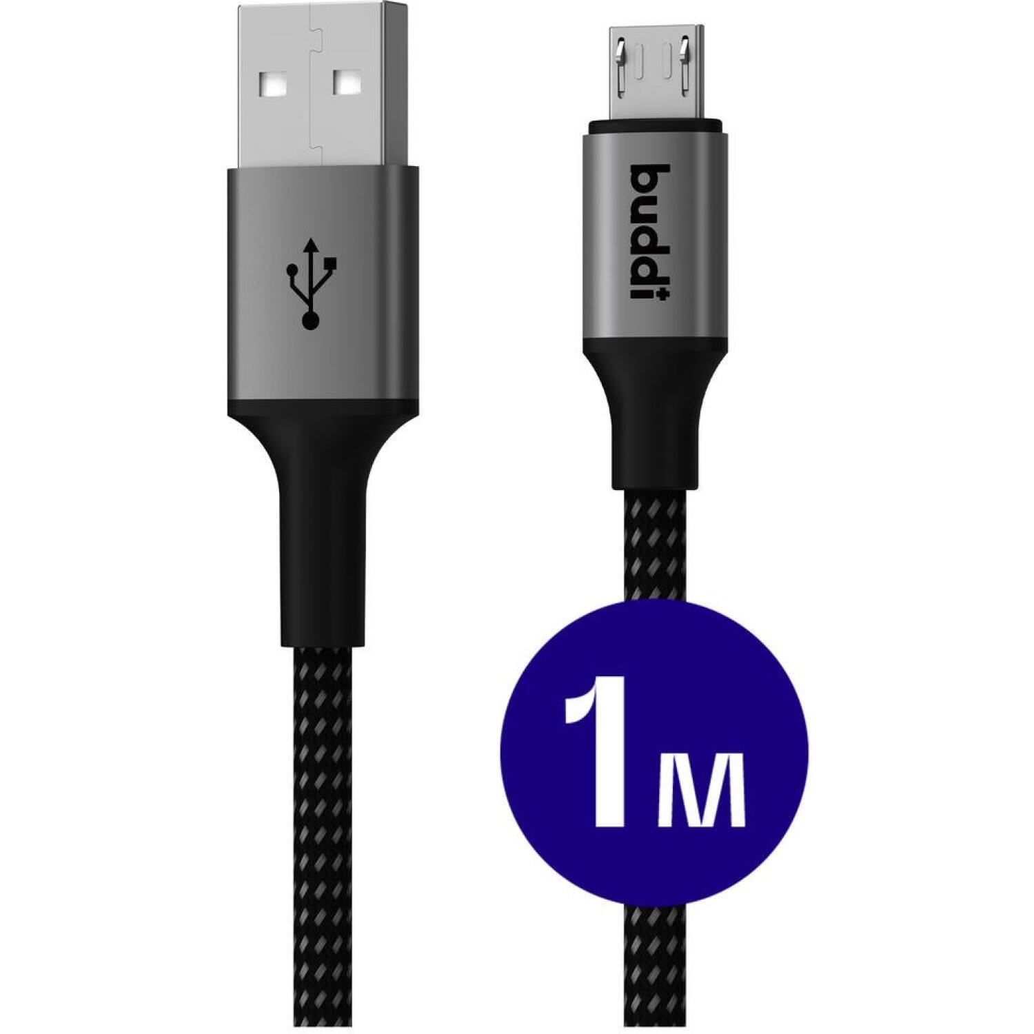 Καλώδιο Buddi Flex Φόρτισης και Μεταφοράς Δεδομένων USB-A σε MicroUSB 100cm 12W 5 Έτη Εγγύηση Black
