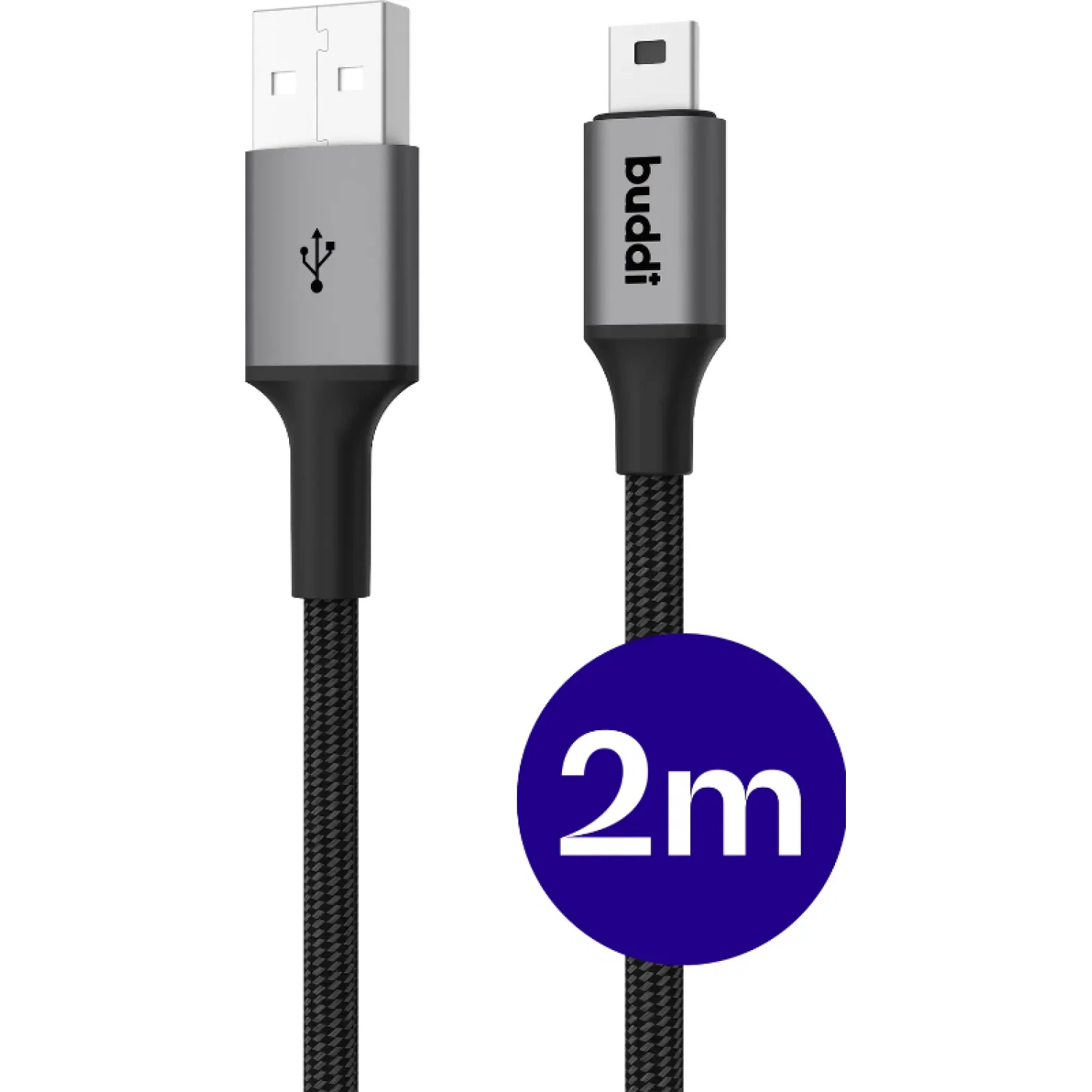 Καλώδιο USB-A Buddi Flex Φόρτισης & Μεταφοράς Δεδομένων σε Mini USB 200cm 12W 5 Έτη Εγγύηση Black