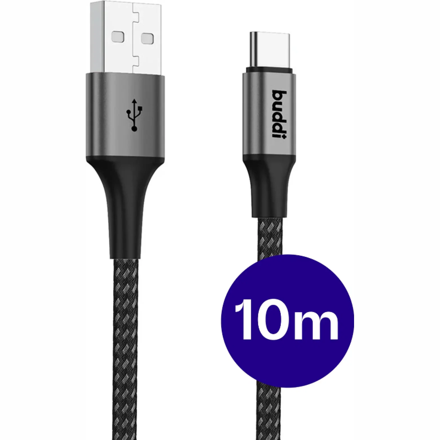 Καλώδιο USB-A Buddi Flex Φόρτισης & Μεταφοράς Δεδομένων σε Type-C 10m 12W 5 Έτη Εγγύηση Black