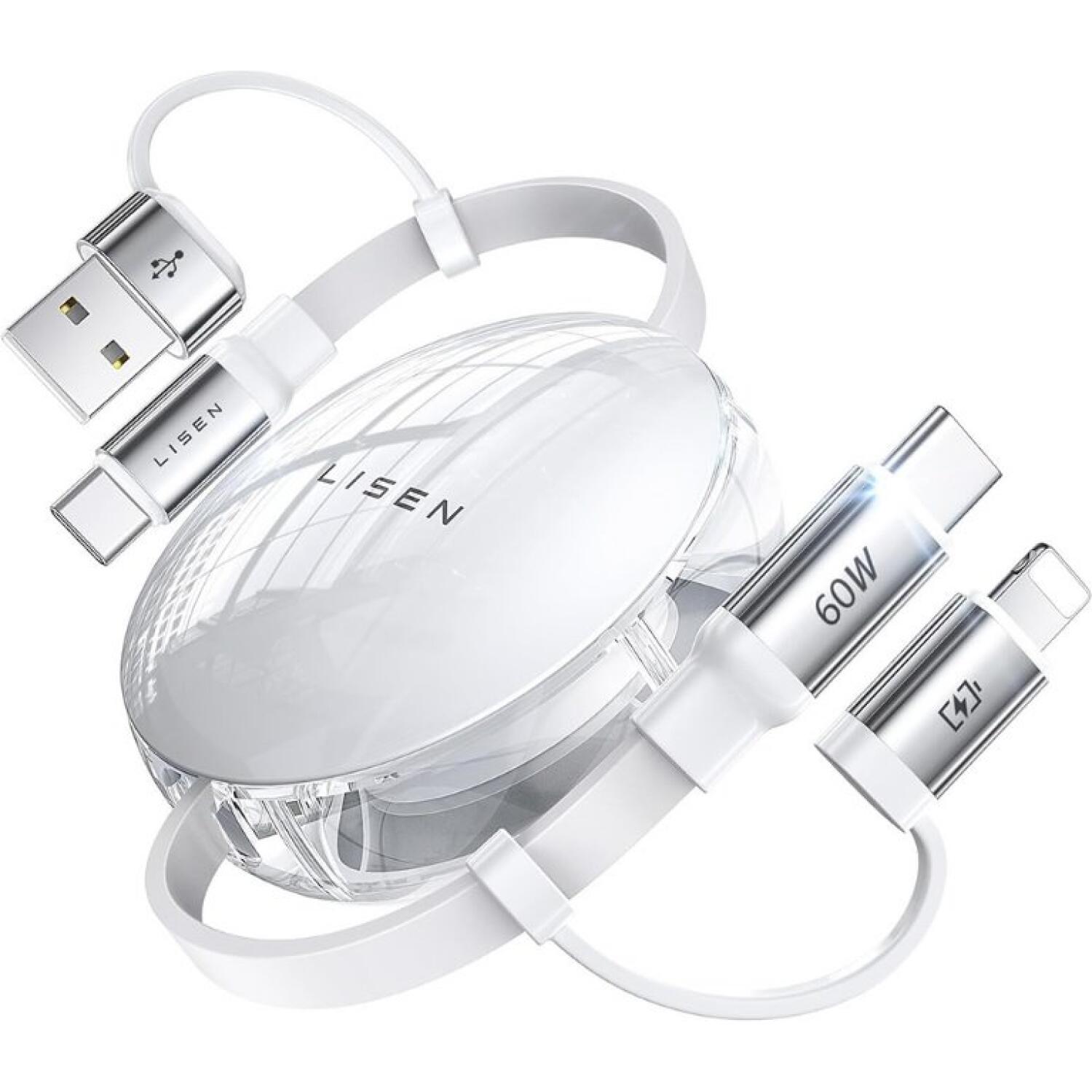 Καλώδιο USB-A / Type-C Lisen Πτυσσόμενο 2 σε 2 Φόρτισης και Μεταφοράς Δεδομένων σε Type-C / Lightning 60W 100cm White