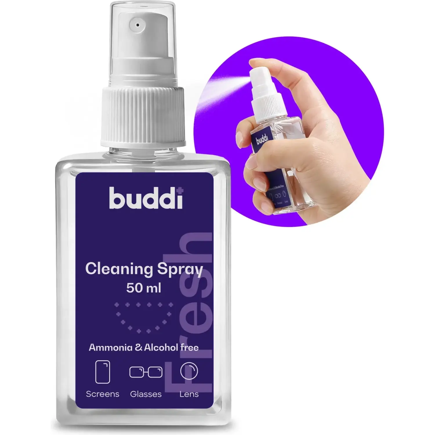 Καθαριστικό Οθόνης Buddi Fresh Cleaning Spray Υγρό Σπρέι Χωρίς Αμμωνία για Συσκευές / Γυαλιά / Φακούς - 50ml (8719246548567)
