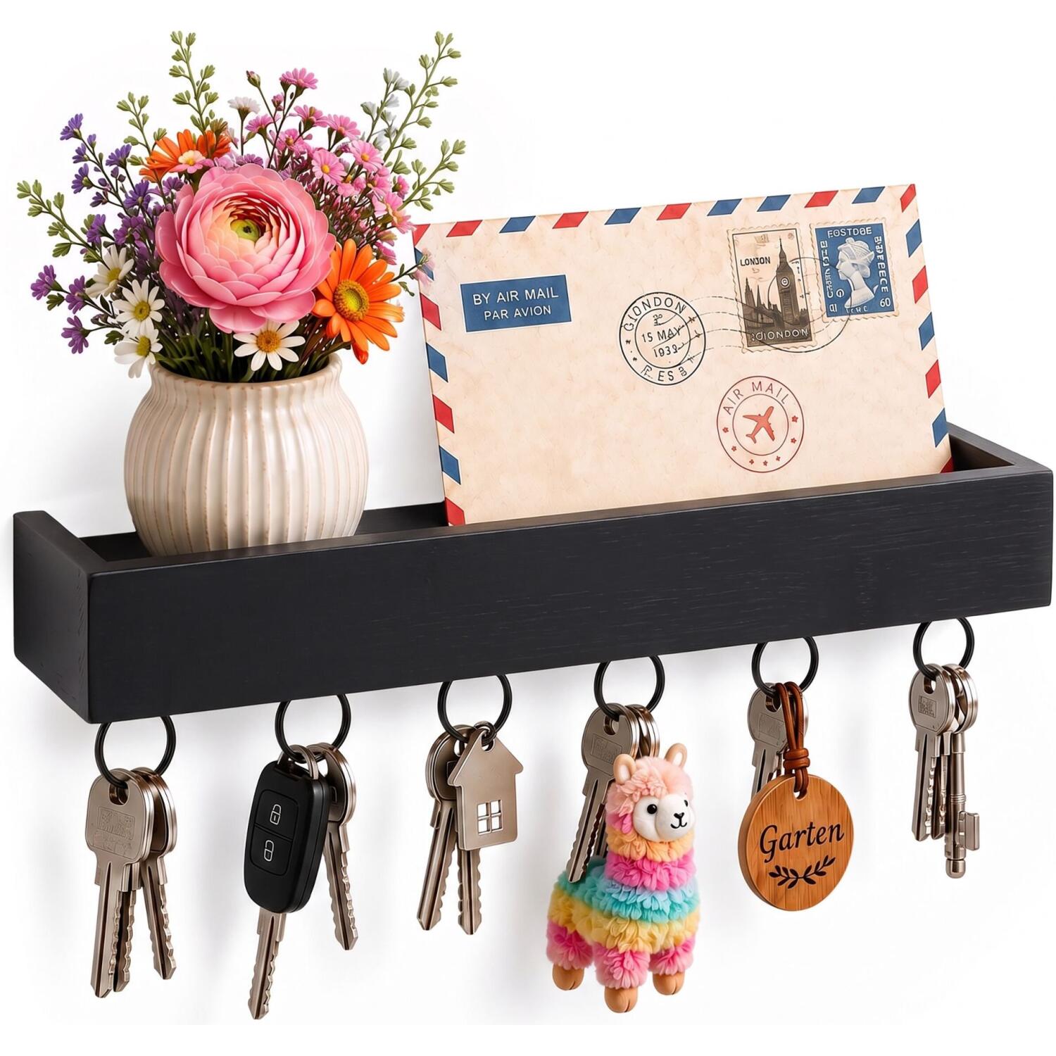 Kλειδοθήκη Επιτοίχια Relaxdays Key Rack with 6 Hooks από Μπαμπού με Ράφι & 6 Γάτζους 5 x 26 x 7 cm Black 
