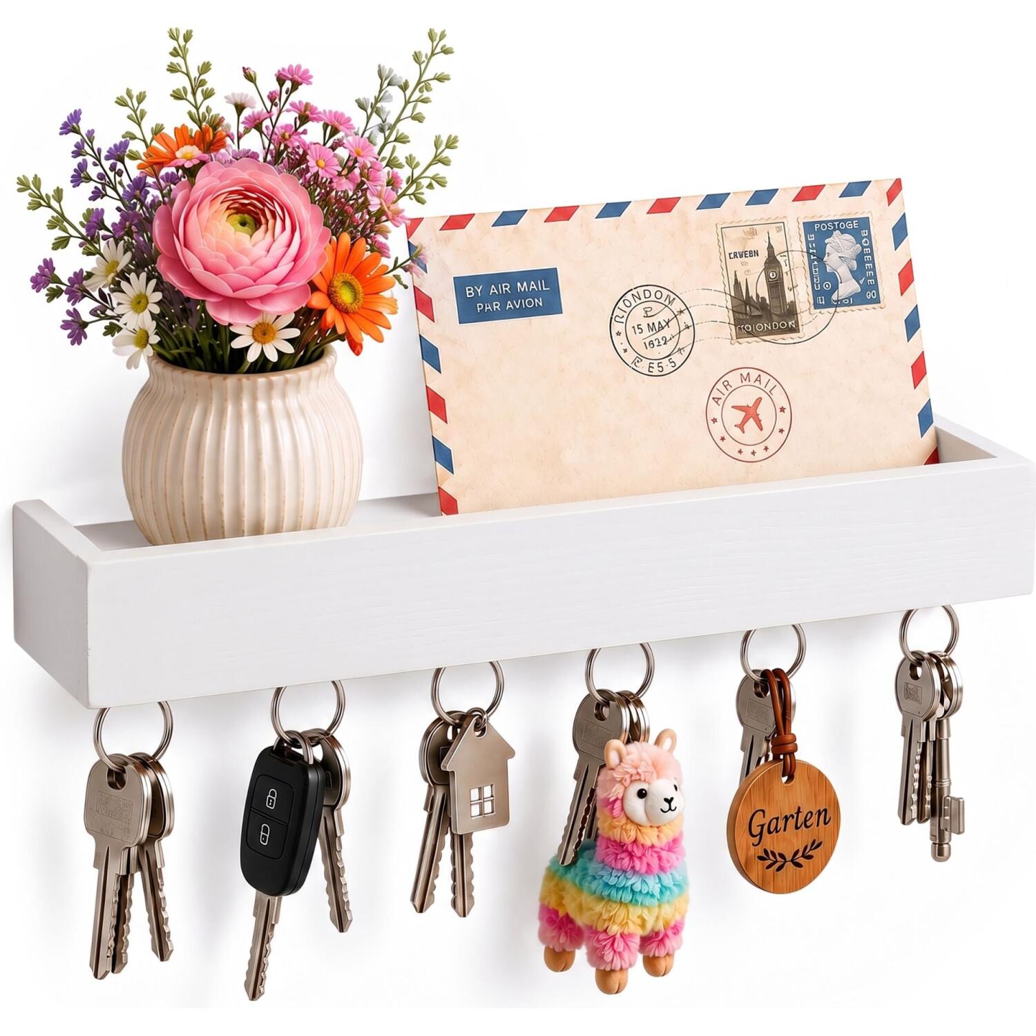 Kλειδοθήκη Επιτοίχια Relaxdays Key Rack with 6 Hooks από Μπαμπού με Ράφι & 6 Γάτζους 5 x 26 x 7 cm White