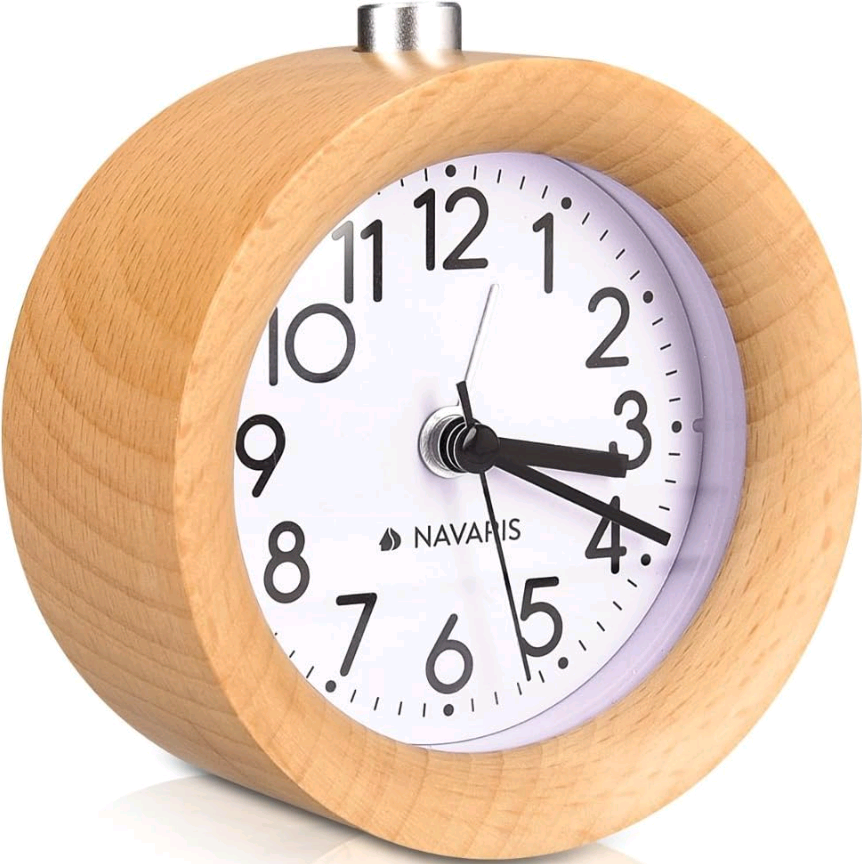 Ξυπνητήρι Navaris Επιτραπέζιο Ξύλινο Αναλογικό Ρολόι με Λειτουργία Φωτισμού & Αναβολής White Dial / Light Brown