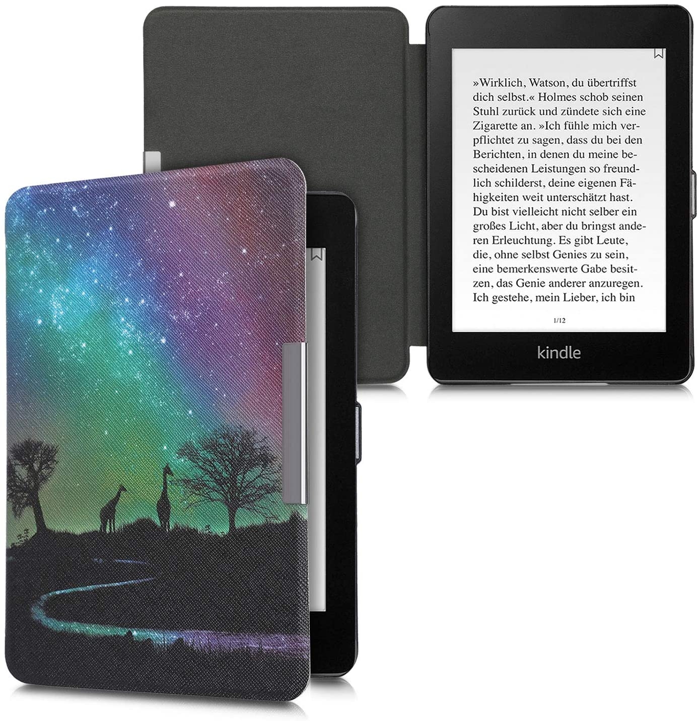 KW Flip Θήκη Amazon Kindle Paperwhite (10. Gen - 2018) - PU Leather Protective e-Reader Case - Starry Giraffes Black / Dark Blue / Dark Pink