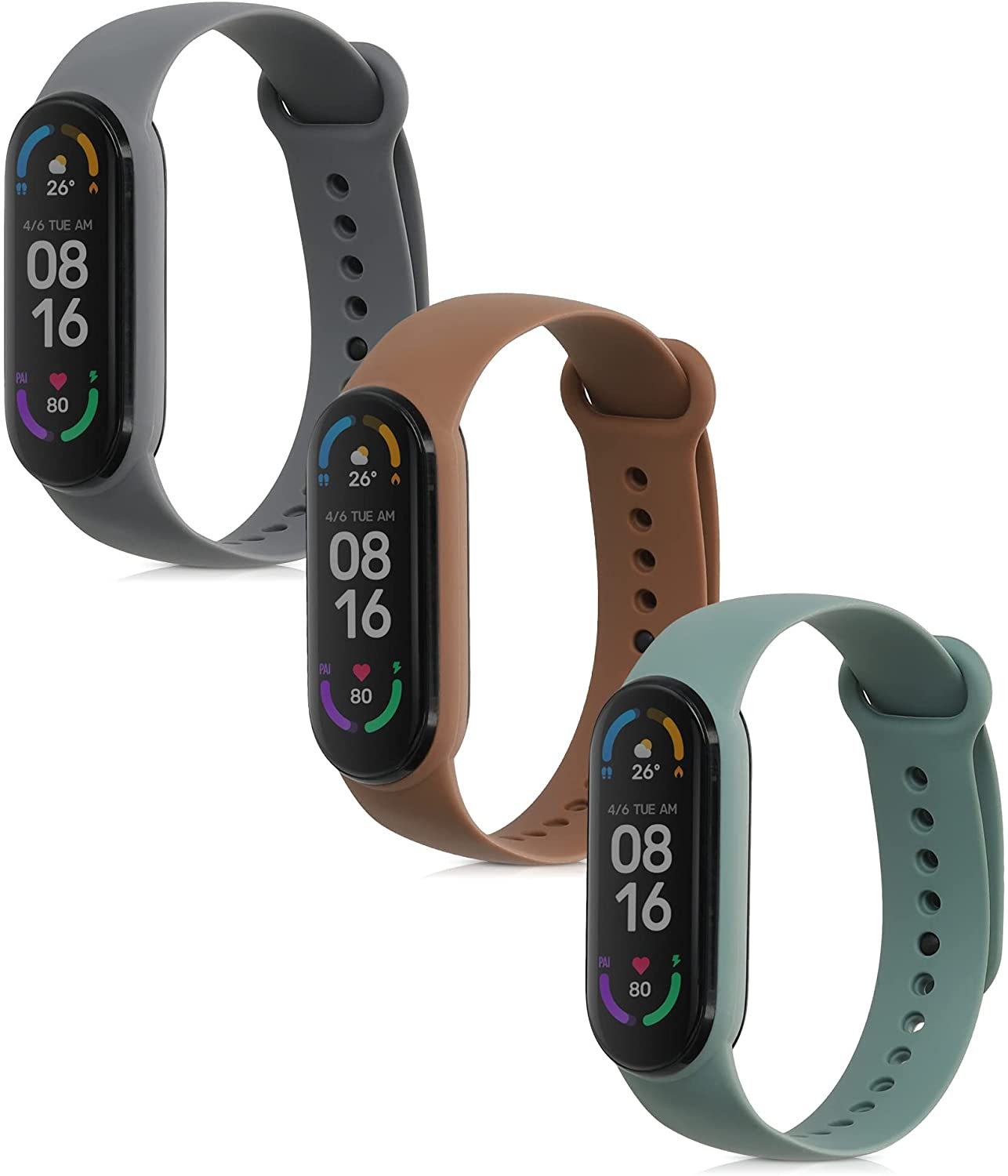 KW Λουράκι Σιλικόνης Xiaomi Mi Smart Band 6 / Mi Band 6 / Band 5 - 3 Τεμάχια - Dark Grey / Pastel Green / Brown