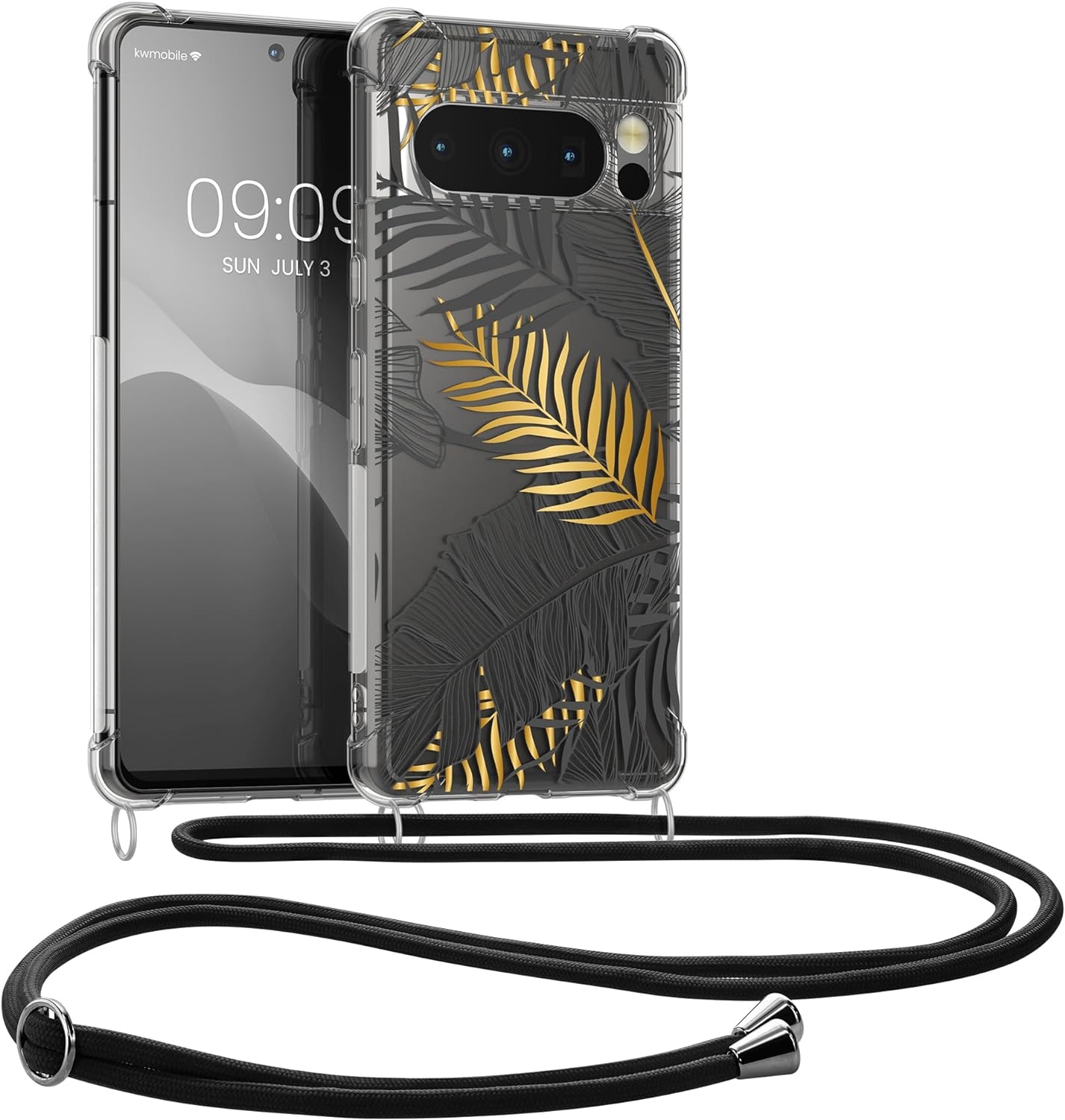 KWmobile Διάφανη Θήκη Σιλικόνης με Λουράκι Λαιμού - Google Pixel 8 Pro - Palm Leaves / Yellow / Grey / Transparent (61866.01)