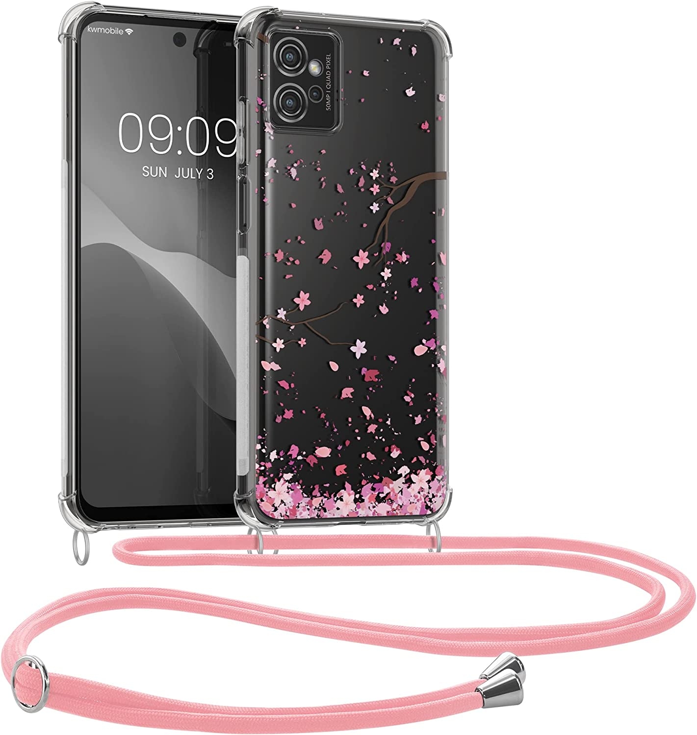 KWmobile Διάφανη Θήκη Σιλικόνης με Λουράκι Λαιμού - Motorola Moto G32 - Cherry Blossoms Petals / Pink / Dark Brown / Transparent