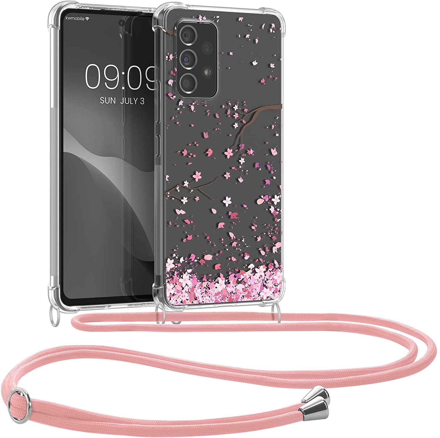 KWmobile Διάφανη Θήκη Σιλικόνης με Λουράκι Λαιμού - Samsung Galaxy A53 5G - Transparent / Cherry Blossoms / Pink / Dark Brown