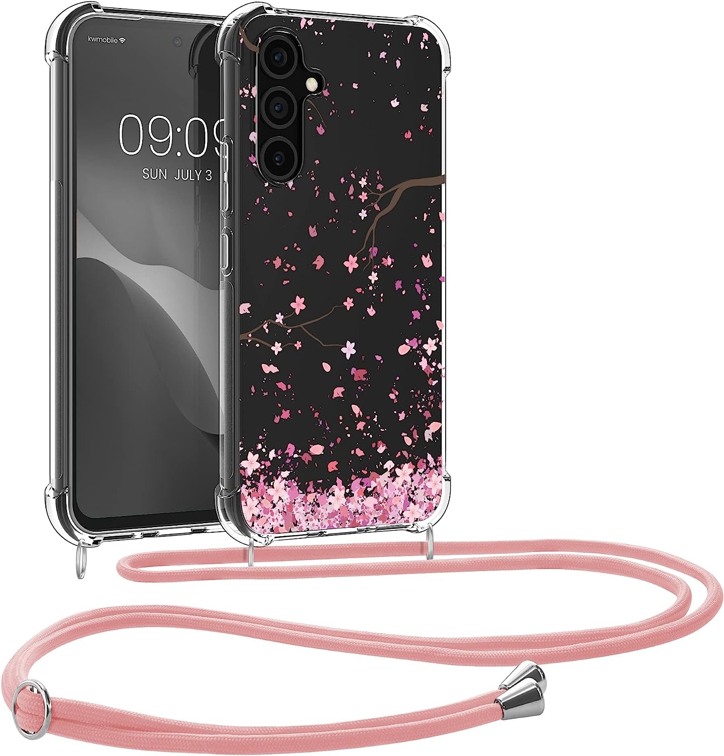 KWmobile Διάφανη Θήκη Σιλικόνης με Λουράκι Λαιμού - Samsung Galaxy A54 - Cherry Blossoms / Cherry Petals / Pink / Dark Brown / Transparent