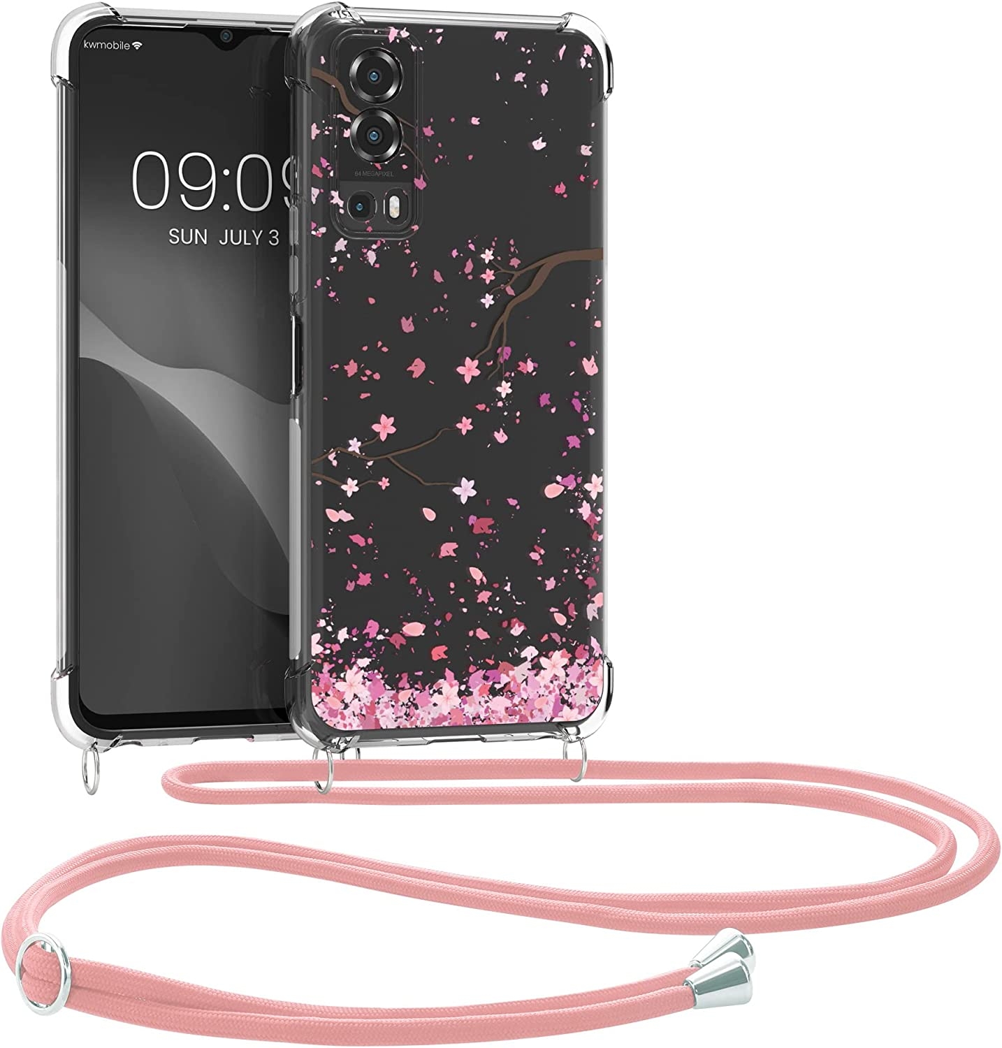KWmobile Διάφανη Θήκη Σιλικόνης με Λουράκι Λαιμού - Vivo Y72 5G - Cherry Blossoms Pink Petals / Dark Brown / Transparent (59898.01)