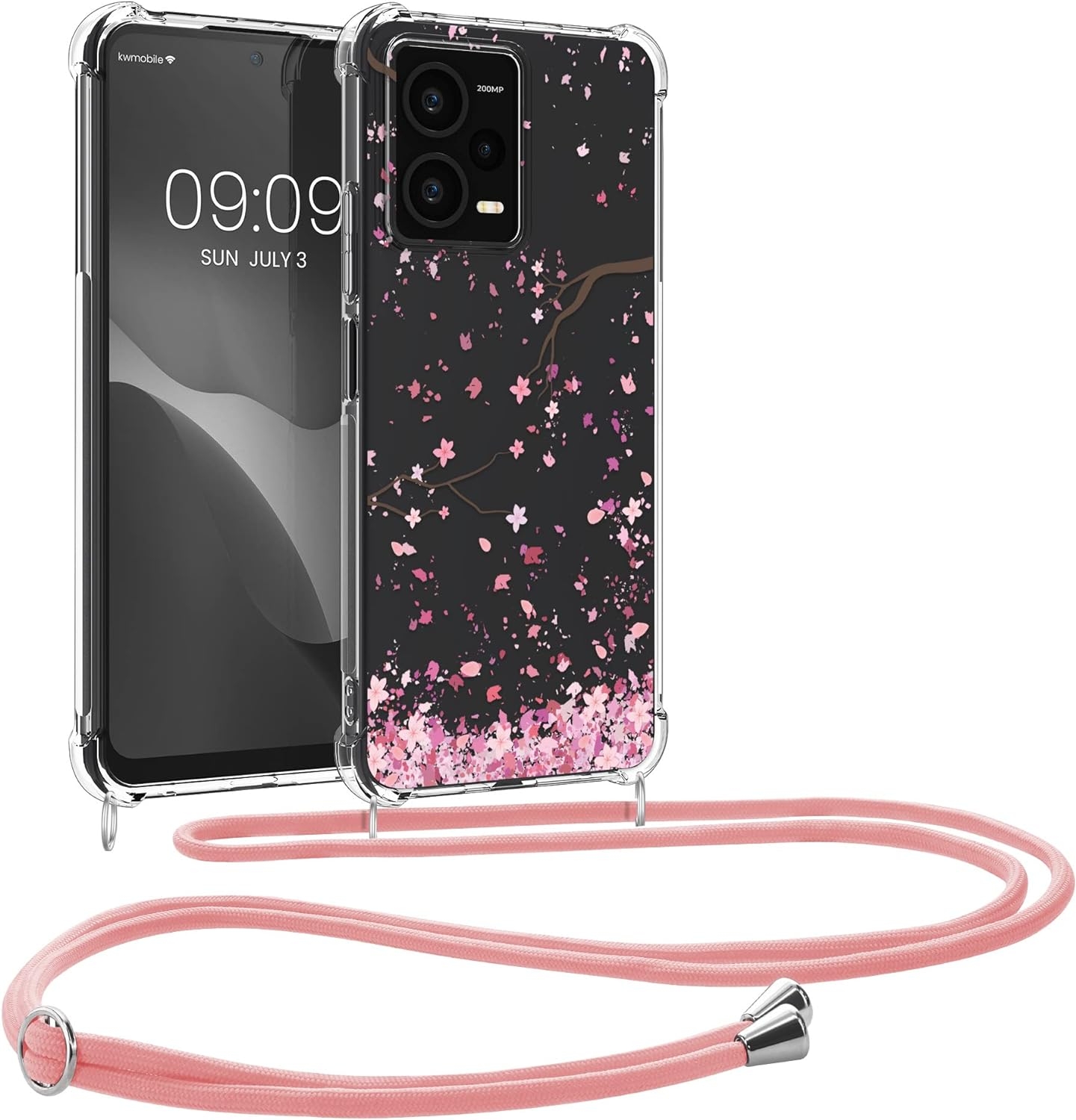 KWmobile Διάφανη Θήκη Σιλικόνης με Λουράκι Λαιμού - Xiaomi Redmi Note 12 Pro Plus - Cherry Blossoms / Cherry Petals / Pink / Dark Brown / Transparent (60717.01)