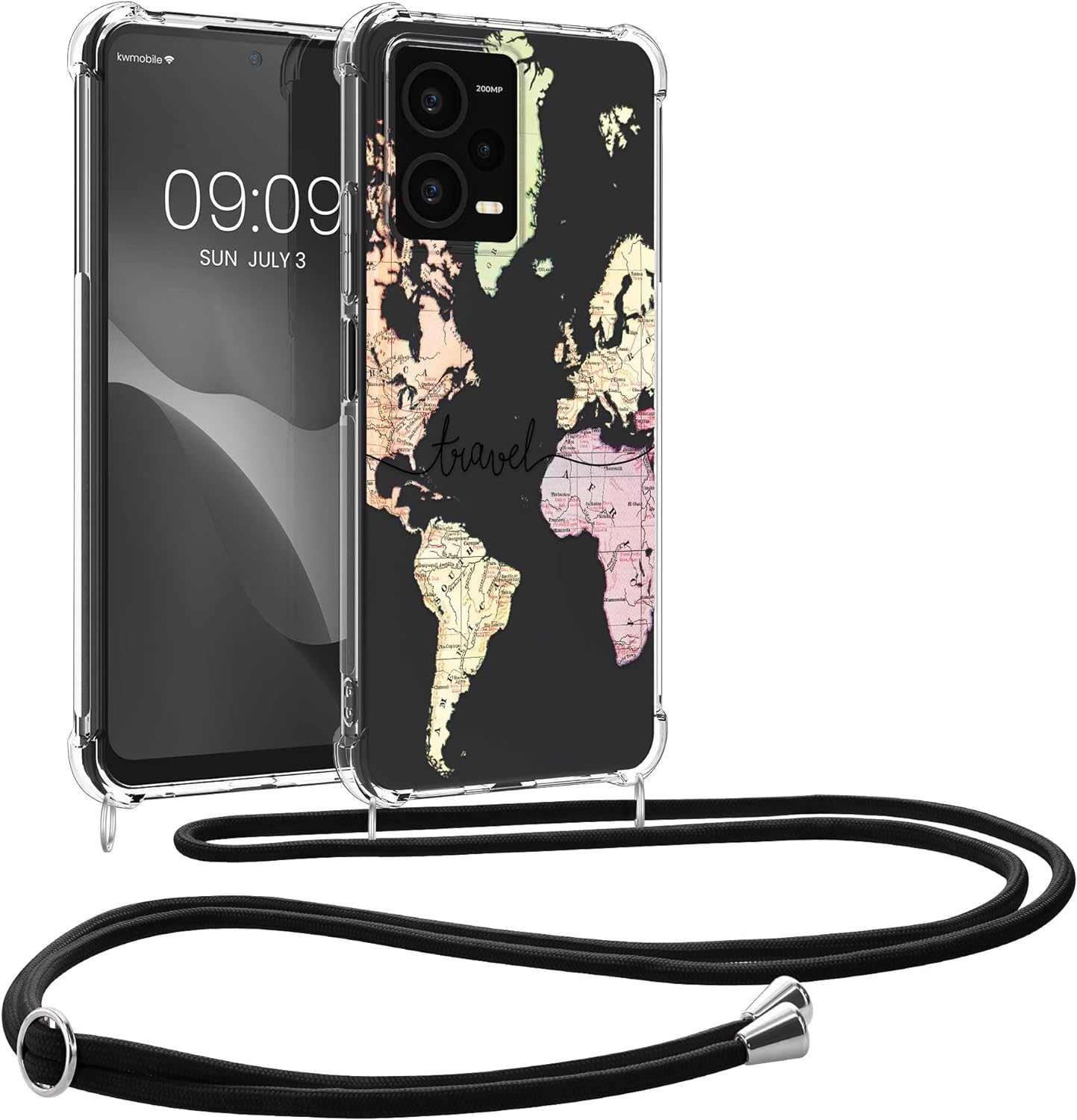 KWmobile Διάφανη Θήκη Σιλικόνης με Λουράκι Λαιμού - Xiaomi Redmi Note 12 Pro Plus - Travel / Black / Multicolor / Transparent (60717.02)