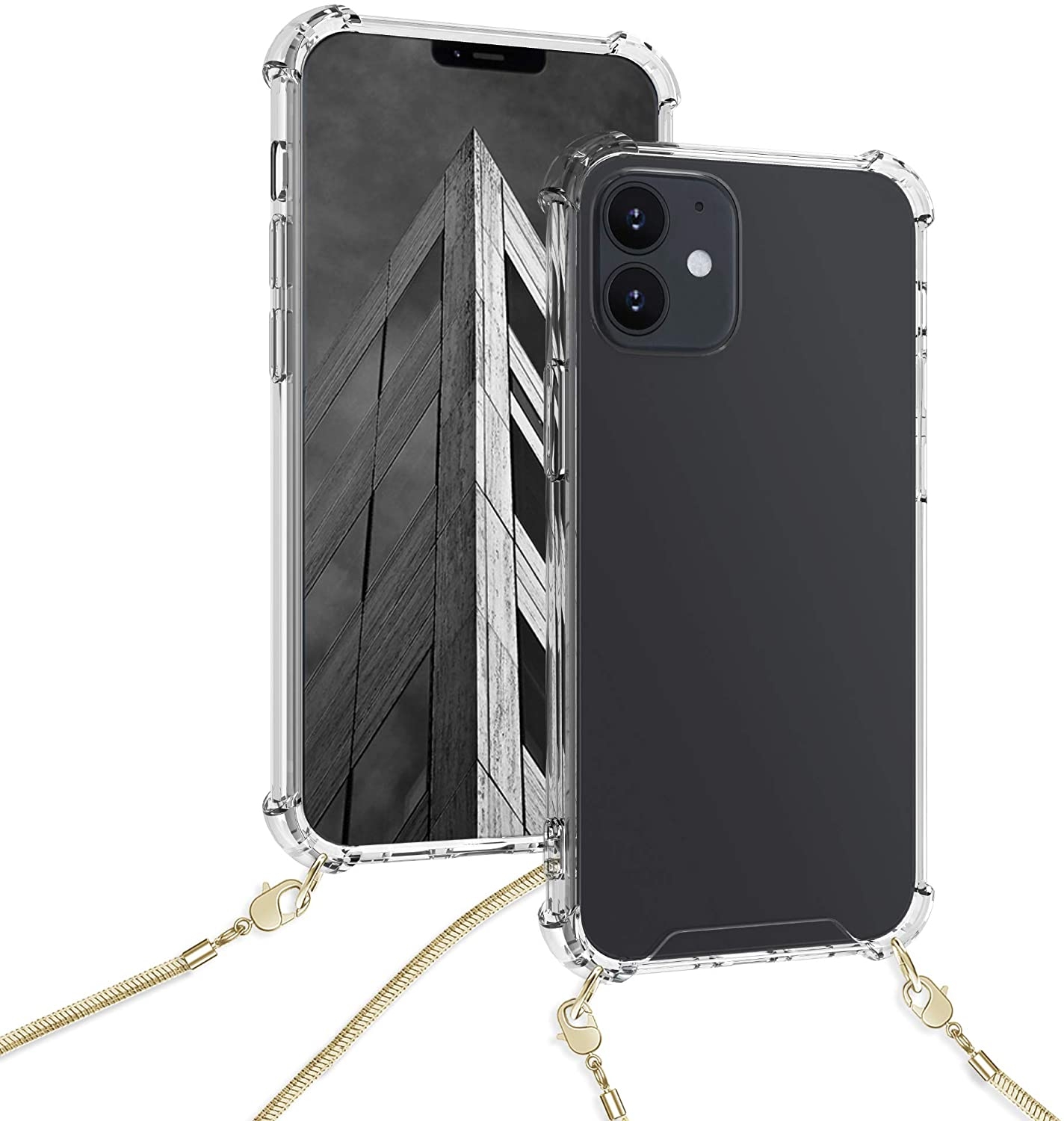 KWmobile Διάφανη Θήκη Σιλικόνης με Μεταλλικό Λουράκι Λαιμού Apple iPhone 12 / 12 Pro - Gold / Transparent