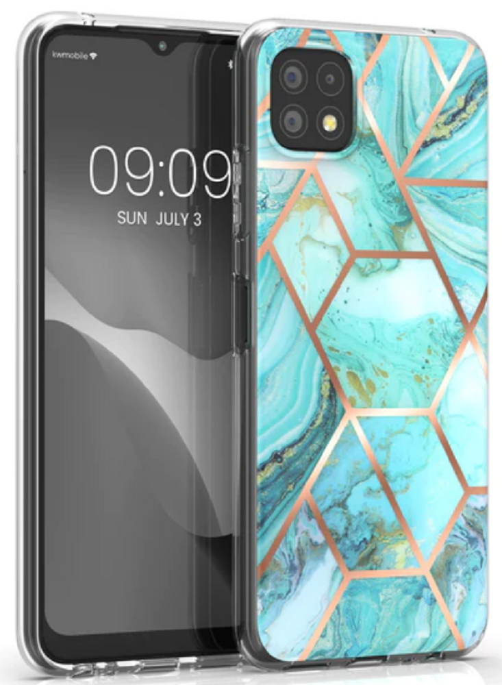 KWmobile IMD Design Extra Thick - Σκληρή Θήκη με TPU Bumper - Samsung Galaxy A22 5G - Marbled Geometrics / Turquoise / Rose Gold