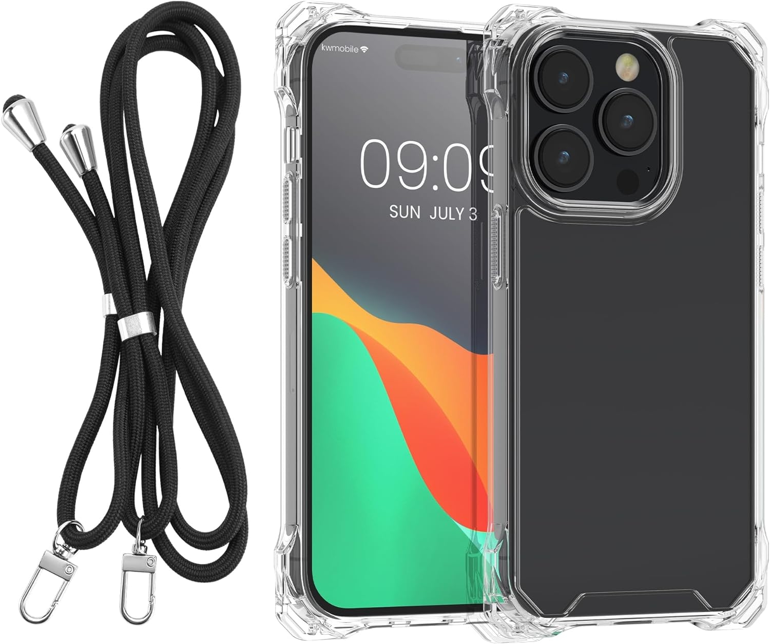 Θήκη Apple iPhone 15 Pro Max - KWmobile Σκληρή Διάφανη με TPU Bumper και Αποσπώμενο Λουράκι Λαιμού - Transparent / Black