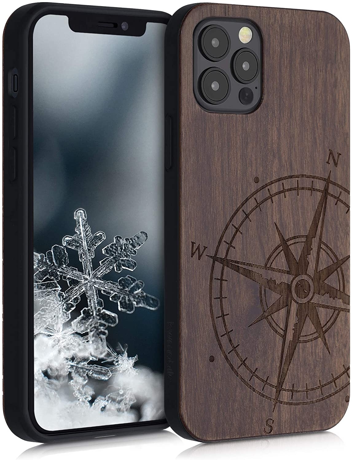 KWmobile Σκληρή Ξύλινη Θήκη με TPU Bumper Apple iPhone 12 / 12 Pro - Walnut - Navigational Compass