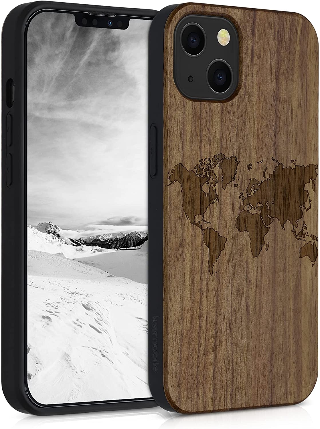 KWmobile Σκληρή Ξύλινη Θήκη με TPU Bumper - Apple iPhone 13 - Walnut / Travel Outline / Dark Brown