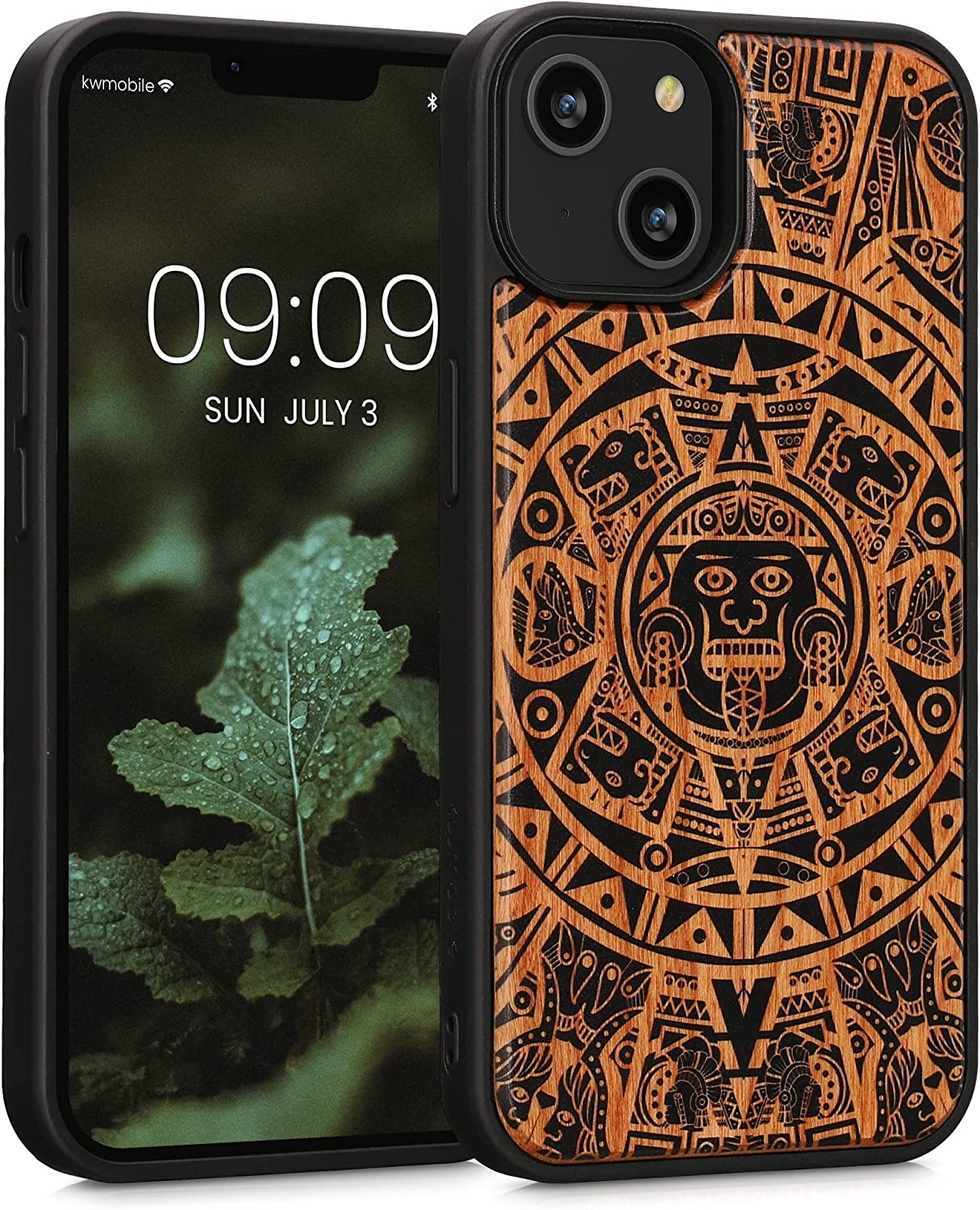 KWmobile Σκληρή Ξύλινη Θήκη με TPU Bumper - Apple iPhone 14 - Cherrywood / Mayan Calendar Light Brown / Black