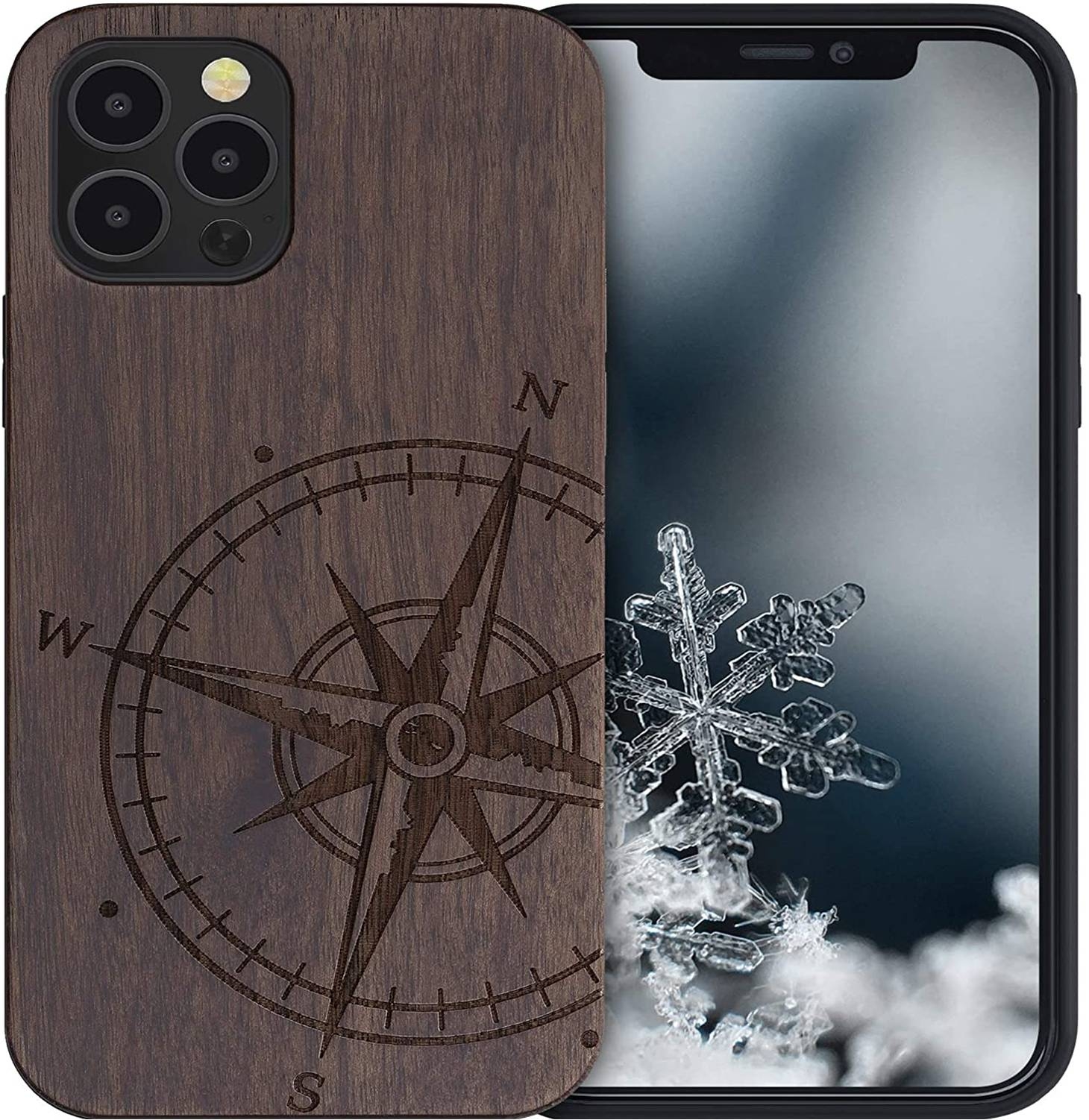KWmobile Σκληρή Ξύλινη Θήκη με TPU Bumper - Apple iPhone 14 Pro Max - Walnut / Navigational Compass / Dark Brown