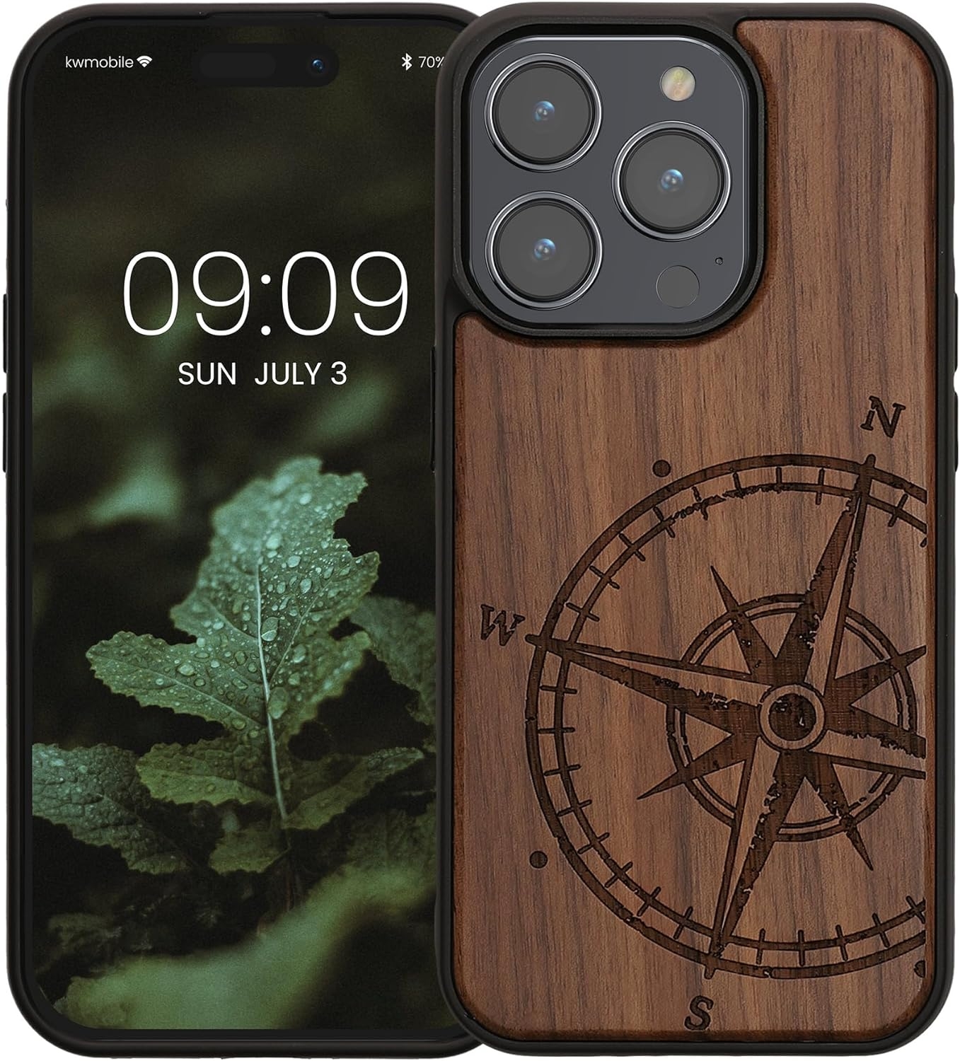 KWmobile Σκληρή Ξύλινη Θήκη με TPU Bumper - Apple iPhone 15 Pro - Walnut / Navigational Compass