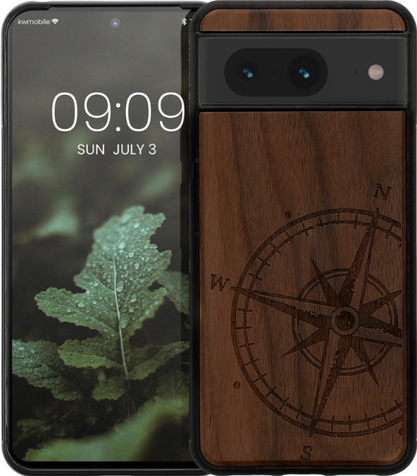 KWmobile Σκληρή Ξύλινη Θήκη με TPU Bumper - Google Pixel 8 - Walnut / Navigational Compass