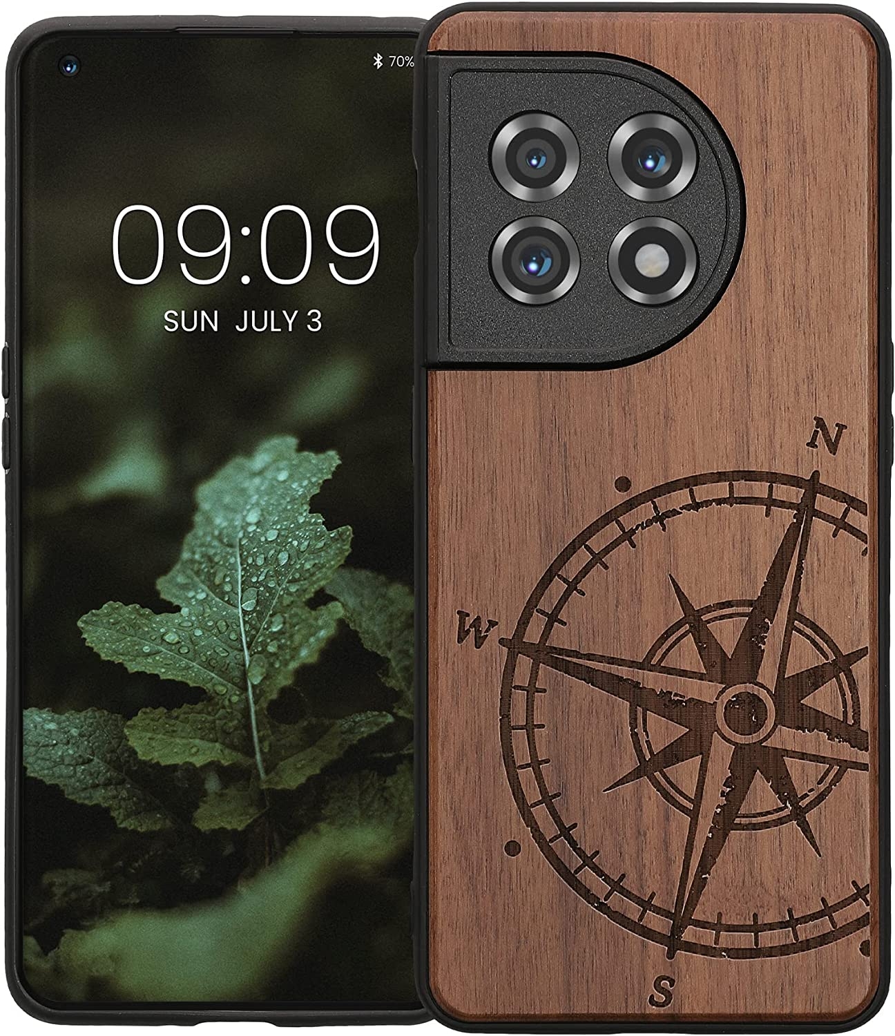 KWmobile Σκληρή Ξύλινη Θήκη με TPU Bumper - OnePlus 11 - Walnut / Navigational Compass / Dark Brown