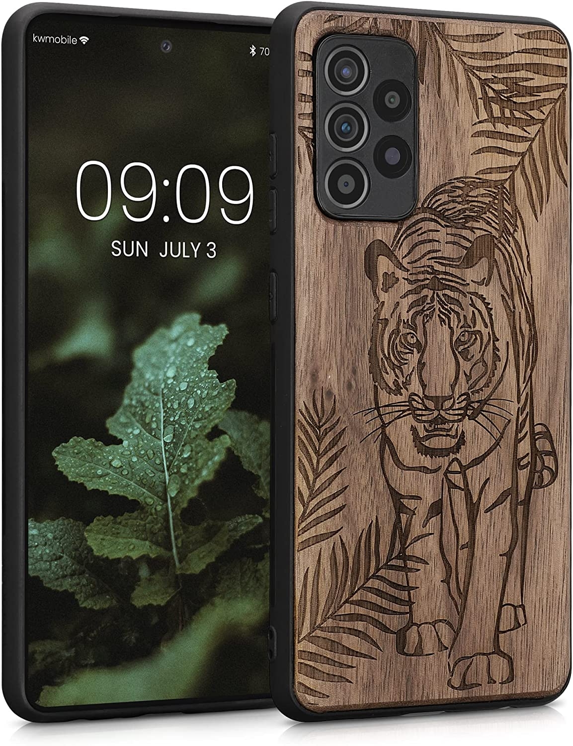 KWmobile Σκληρή Ξύλινη Θήκη με TPU Bumper - Samsung Galaxy A52 / A52s 5G - Tiger Palm Tree / Dark Brown / Walnut