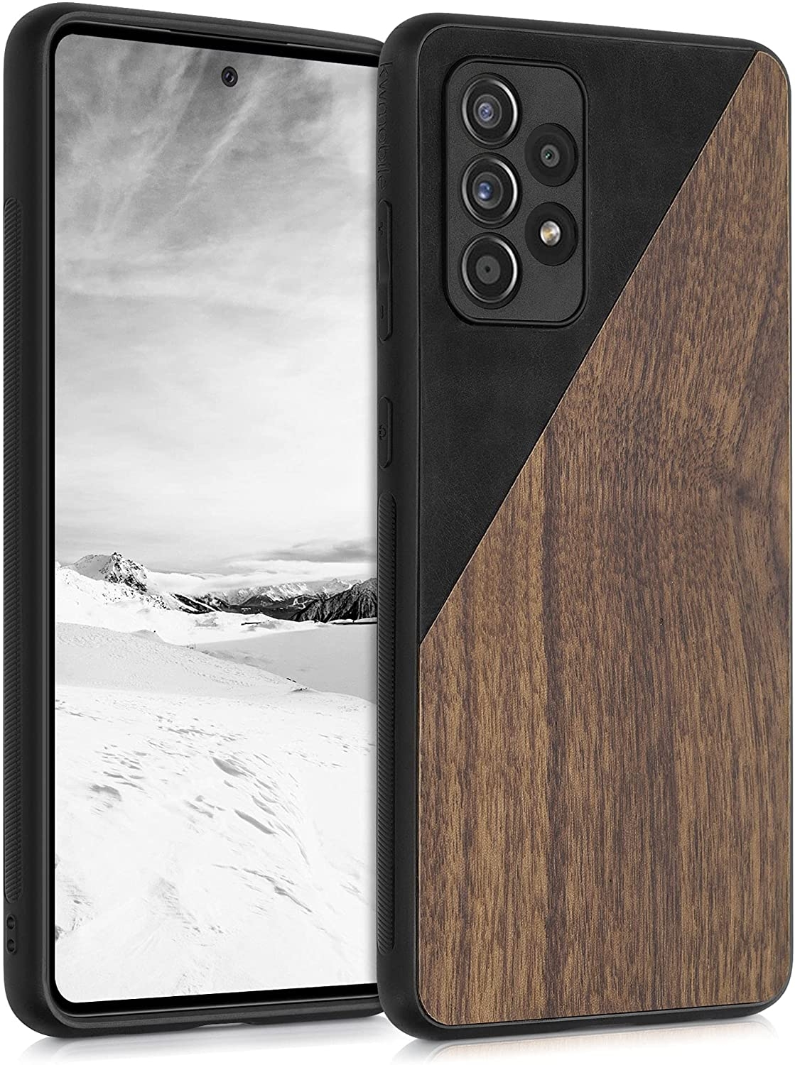 KWmobile Σκληρή Ξύλινη Θήκη με TPU Bumper - Samsung Galaxy A52 / A52s 5G - Walnut / Two-Tone Wood / Black / Dark Brown