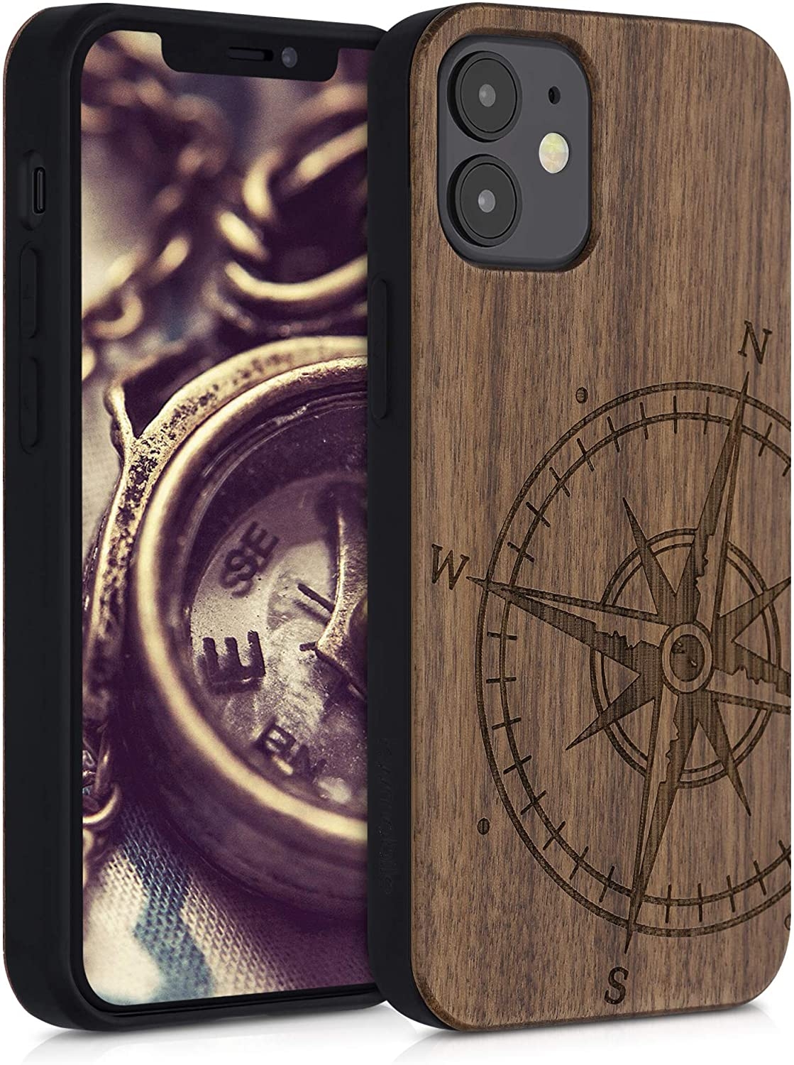 KWmobile Σκληρή Ξύλινη Θήκη με TPU Bumper Apple iPhone 12 mini - Navigational Compass / Dark Brown