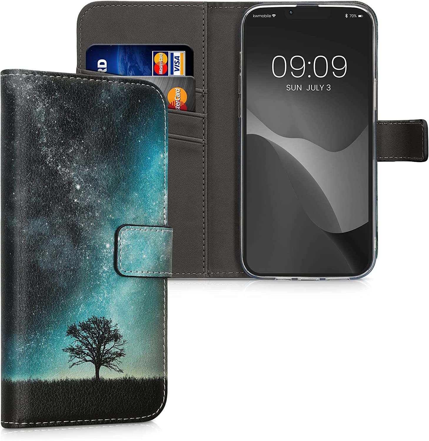 KWmobile Θήκη - Πορτοφόλι Apple iPhone 14 Plus - Cosmic Nature / Galaxy Tree Meadow / Blue / Grey / Black