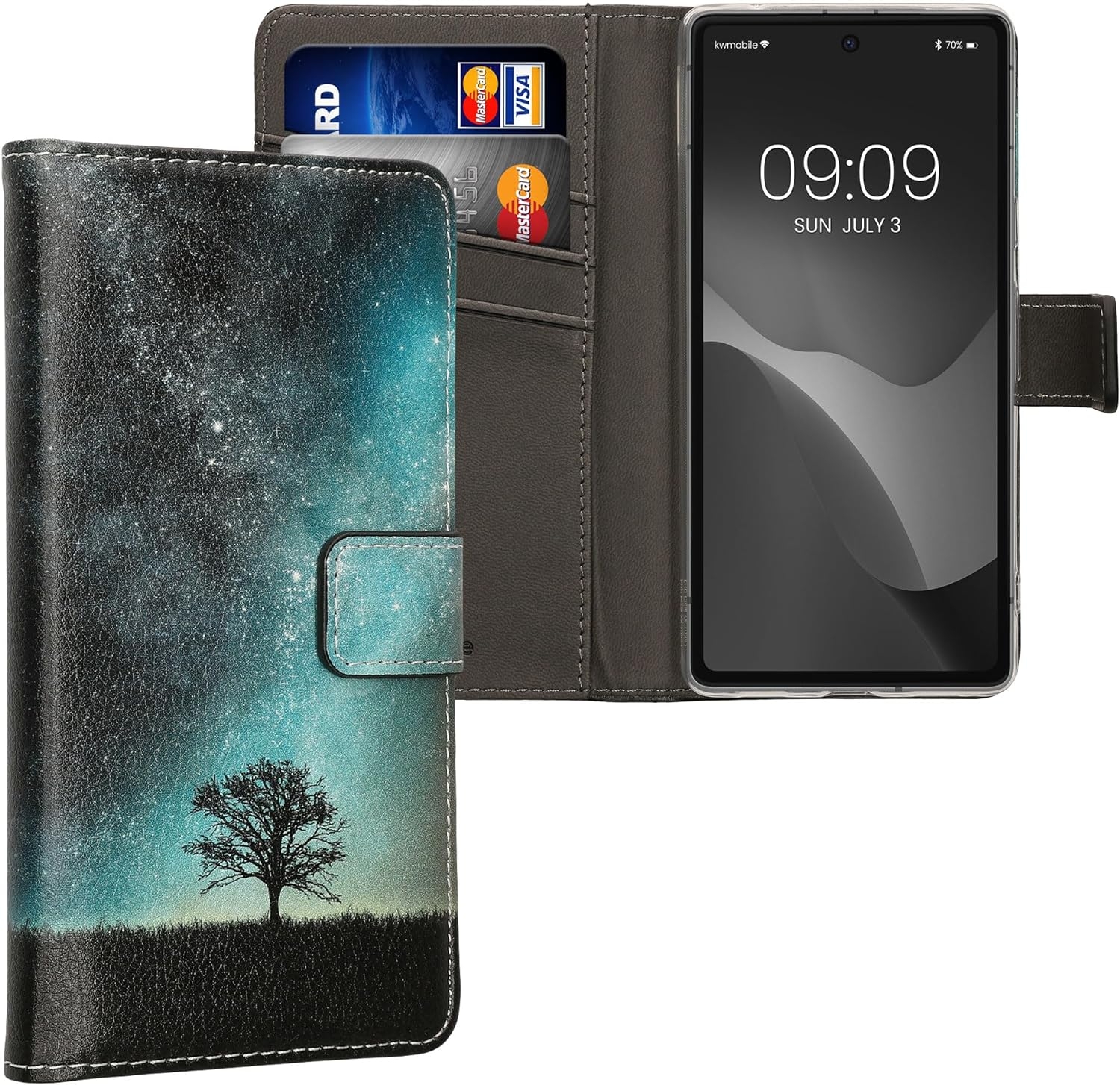 KWmobile Θήκη - Πορτοφόλι Google Pixel 7a - Cosmic Nature / Galaxy Tree Meadow / Blue / Grey / Black