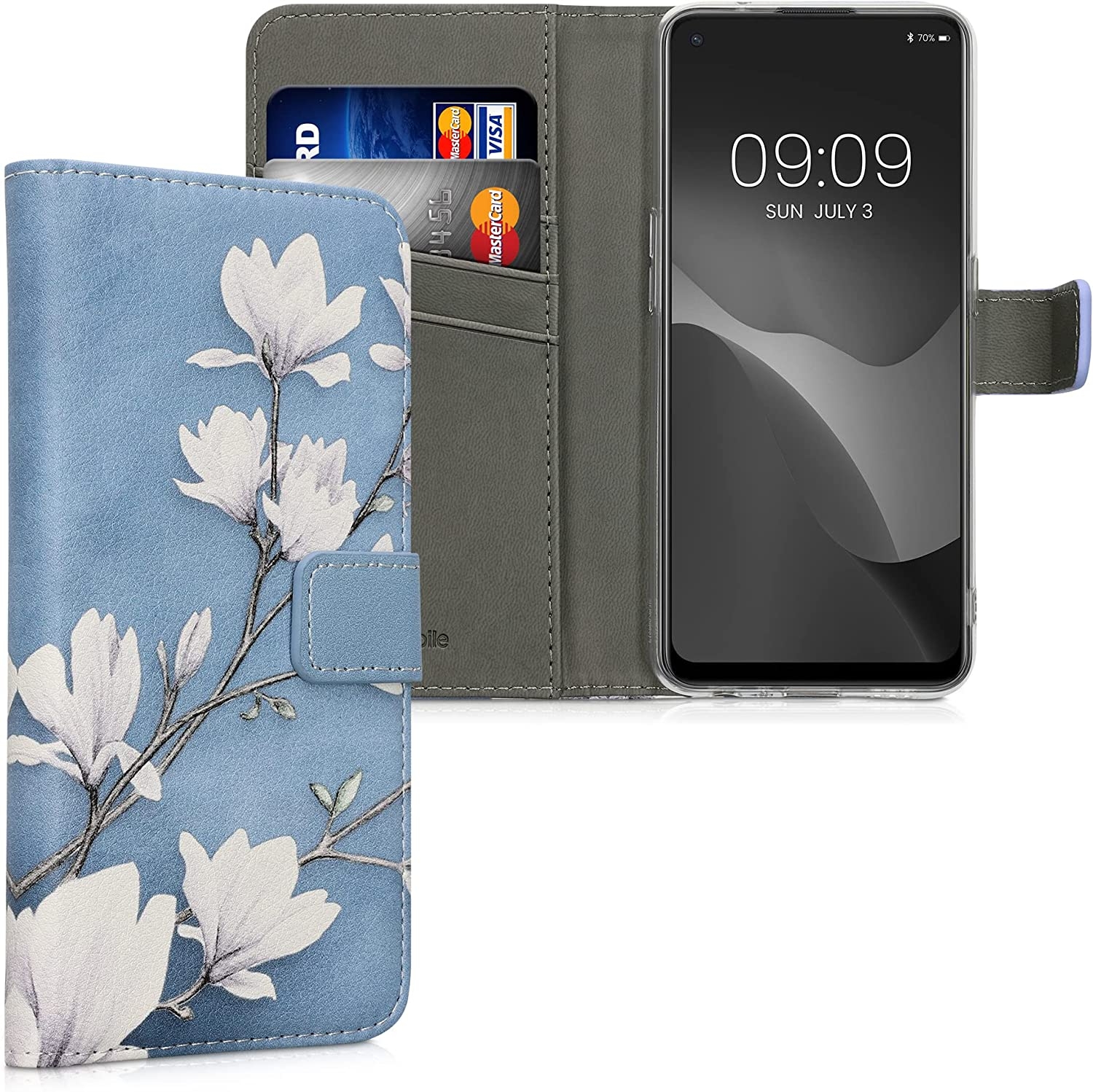 KWmobile Θήκη - Πορτοφόλι Oppo A94 5G - Magnolias Taupe / White / Blue Grey