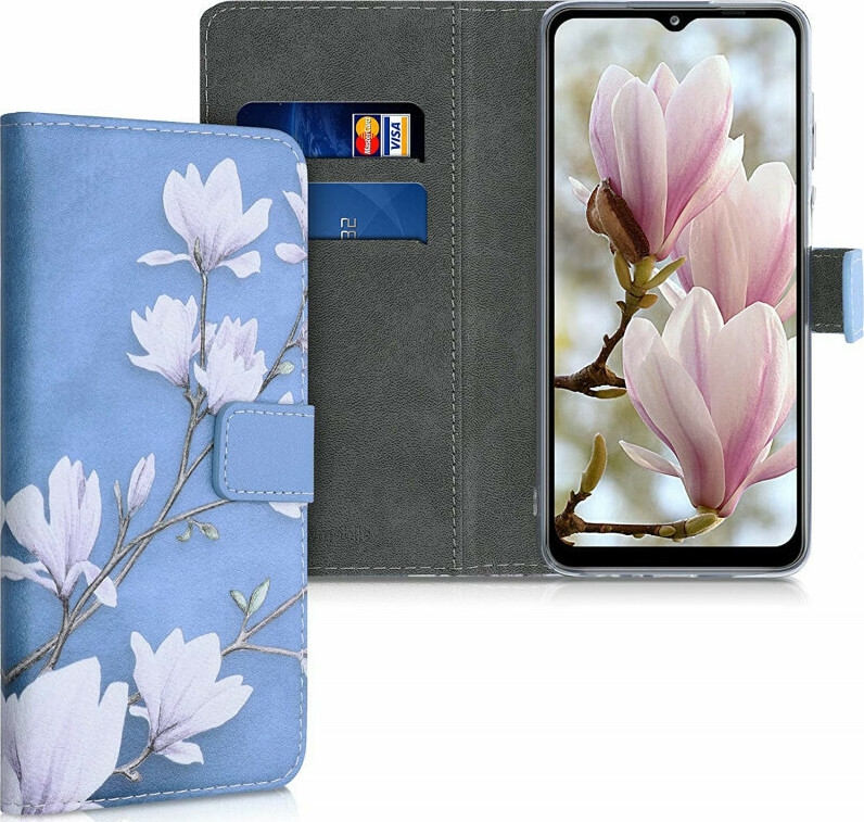 KWmobile Θήκη - Πορτοφόλι Samsung Galaxy A12 - Magnolias Taupe / White / Blue Grey 