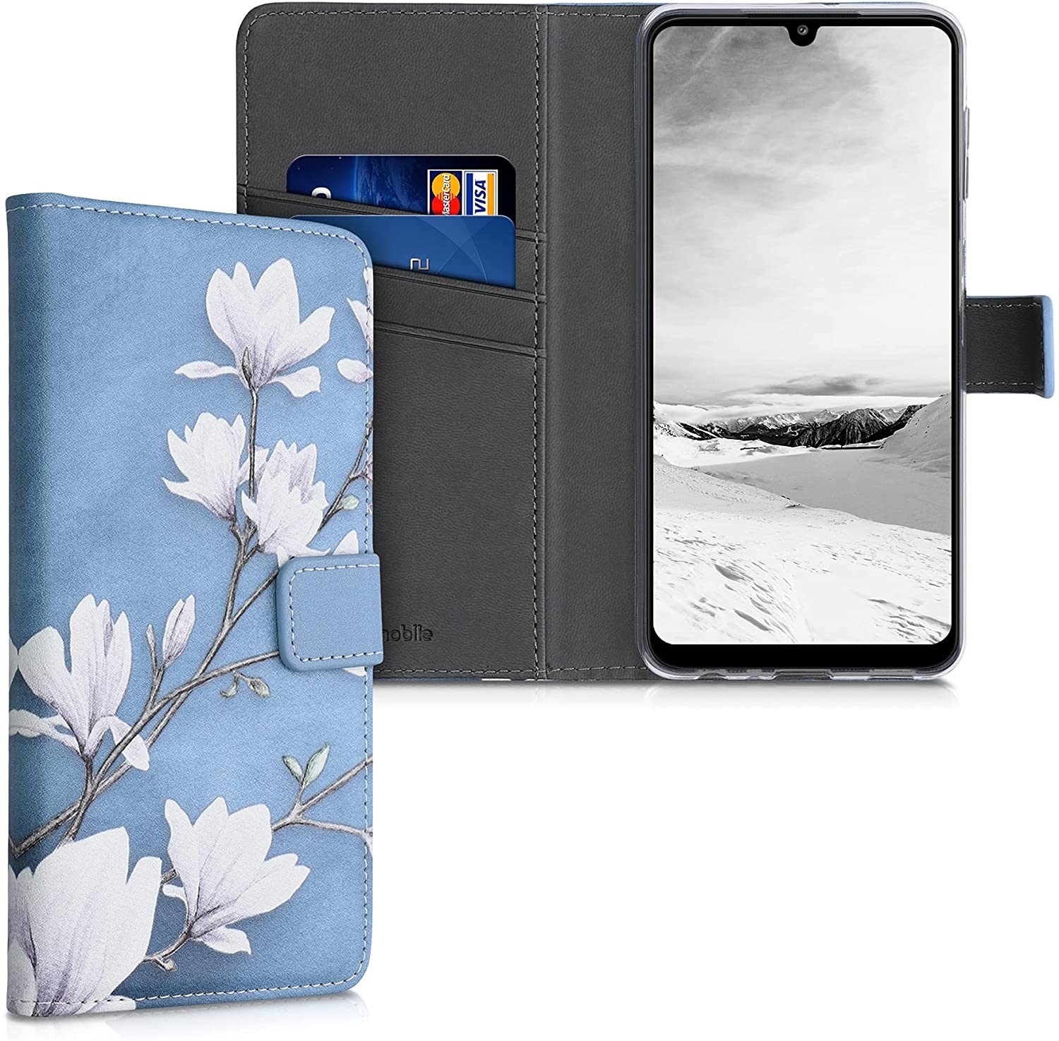 KWmobile Θήκη - Πορτοφόλι Samsung Galaxy A22 4G - Magnolias Taupe / White / Blue / Grey