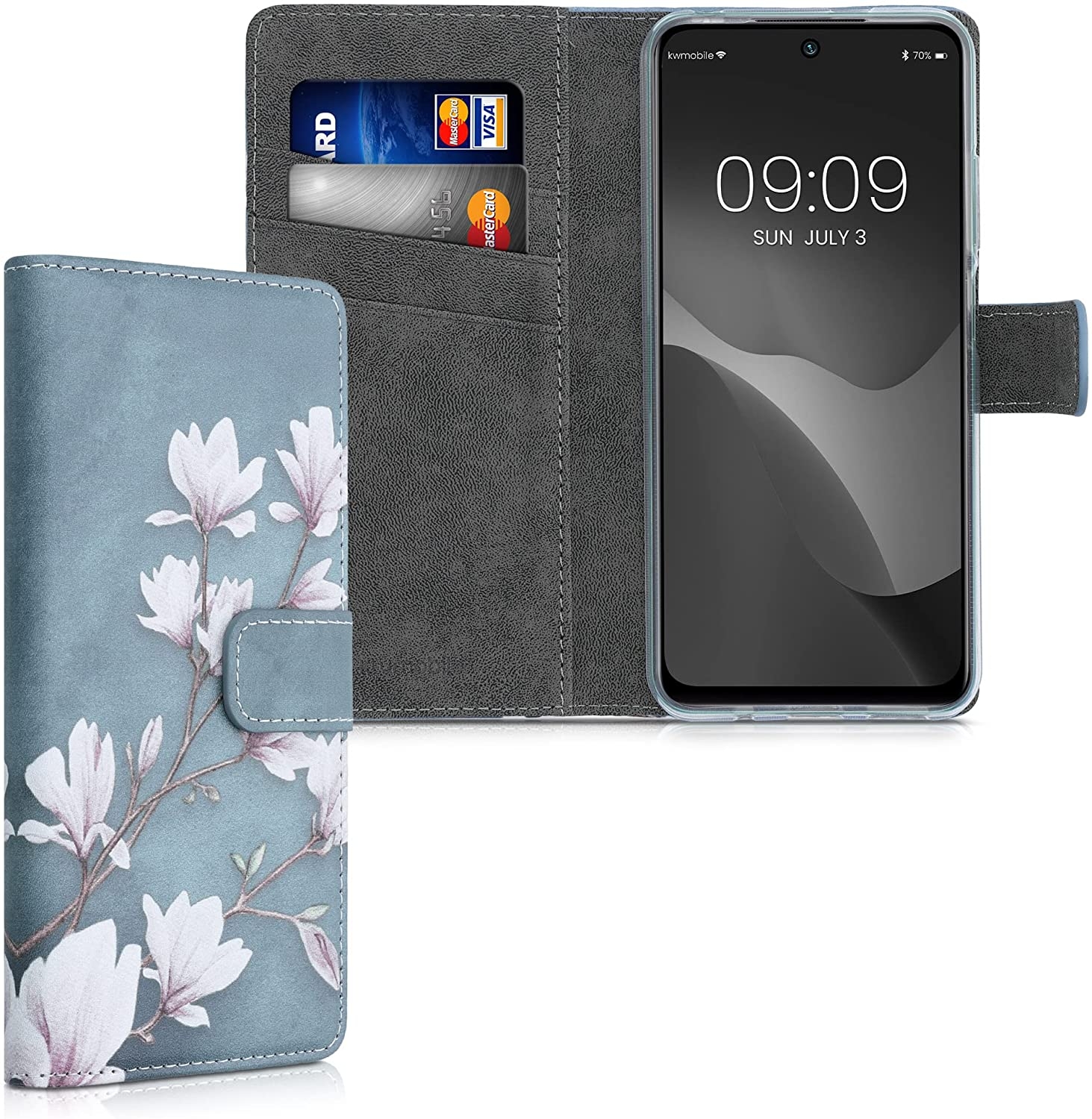 KWmobile Θήκη - Πορτοφόλι Xiaomi Redmi Note 10 5G - Magnolias Taupe / White / Blue / Grey
