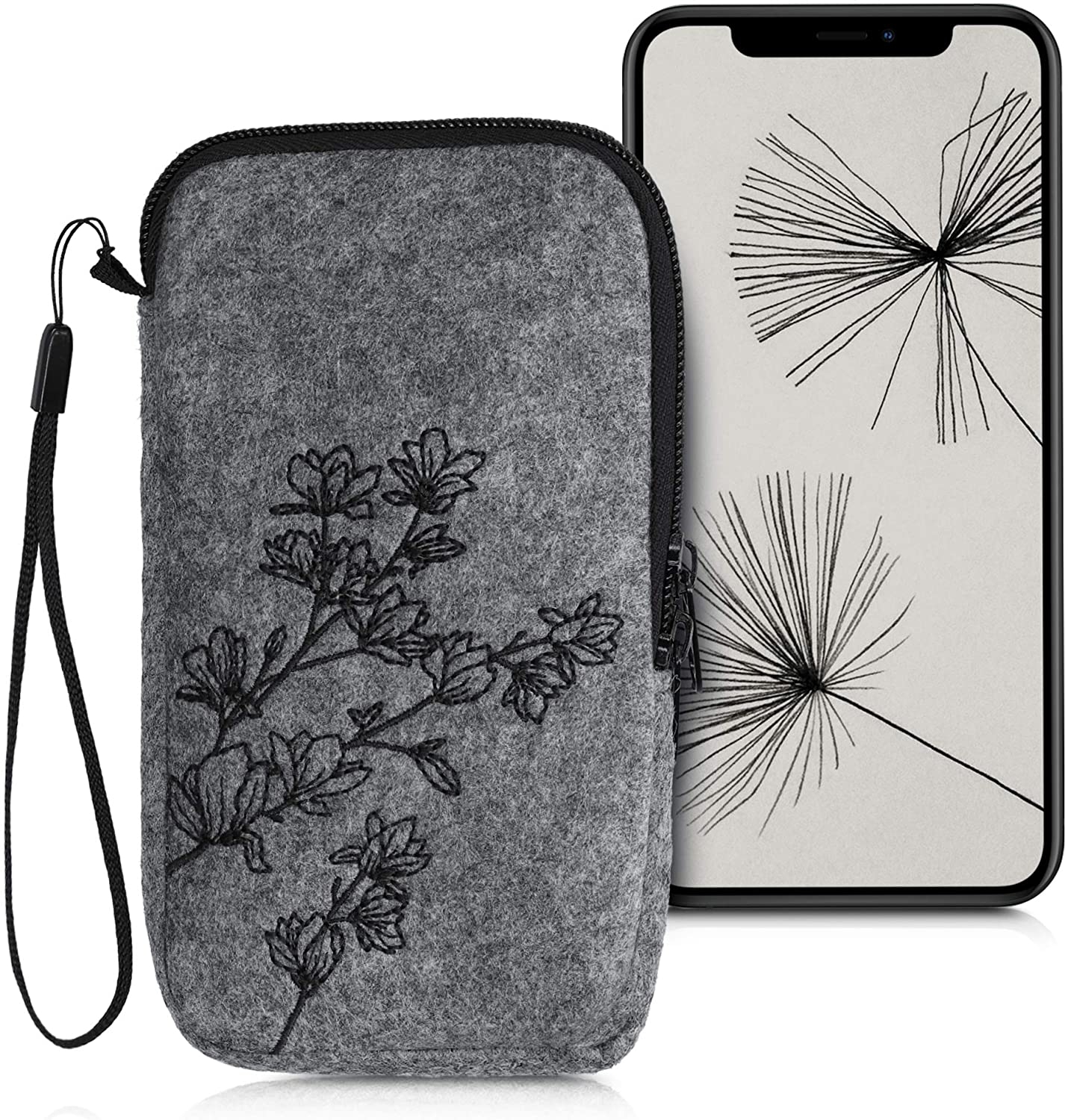 KWmobile Θήκη - Πουγκί Μάλλινη με Κέντημα και Φερμουάρ για Smartphones έως 6.5" - Magnolias Black / Light Grey